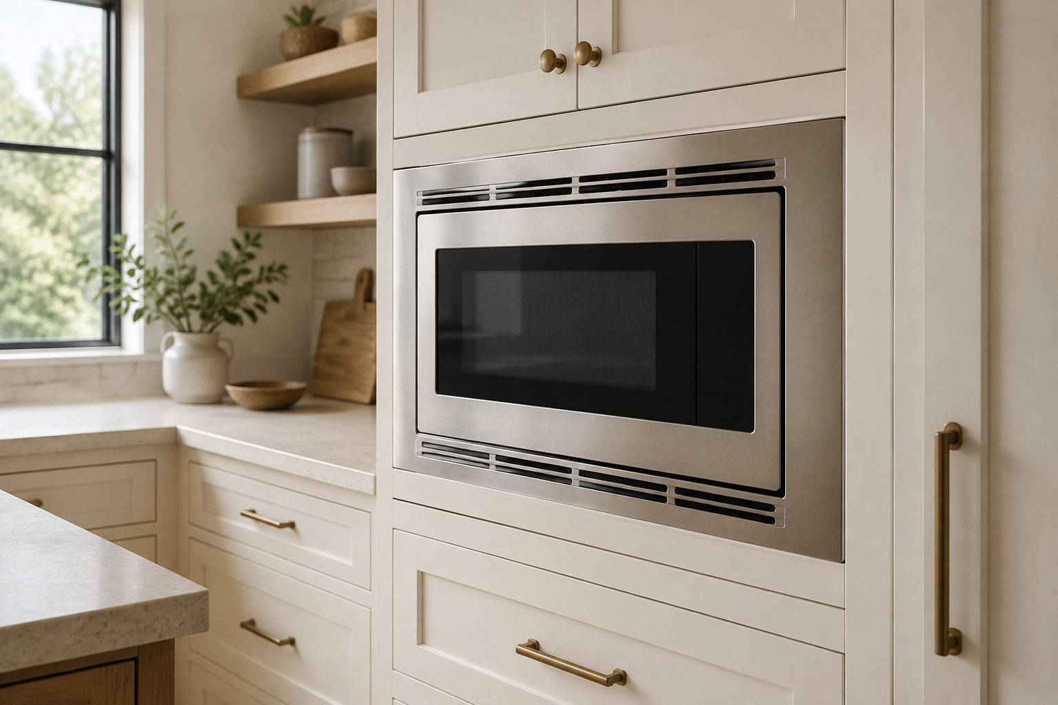 Close view of an unbranded built-in microwave, fitted trim, cabinet reveals, and clear ventilation openings.