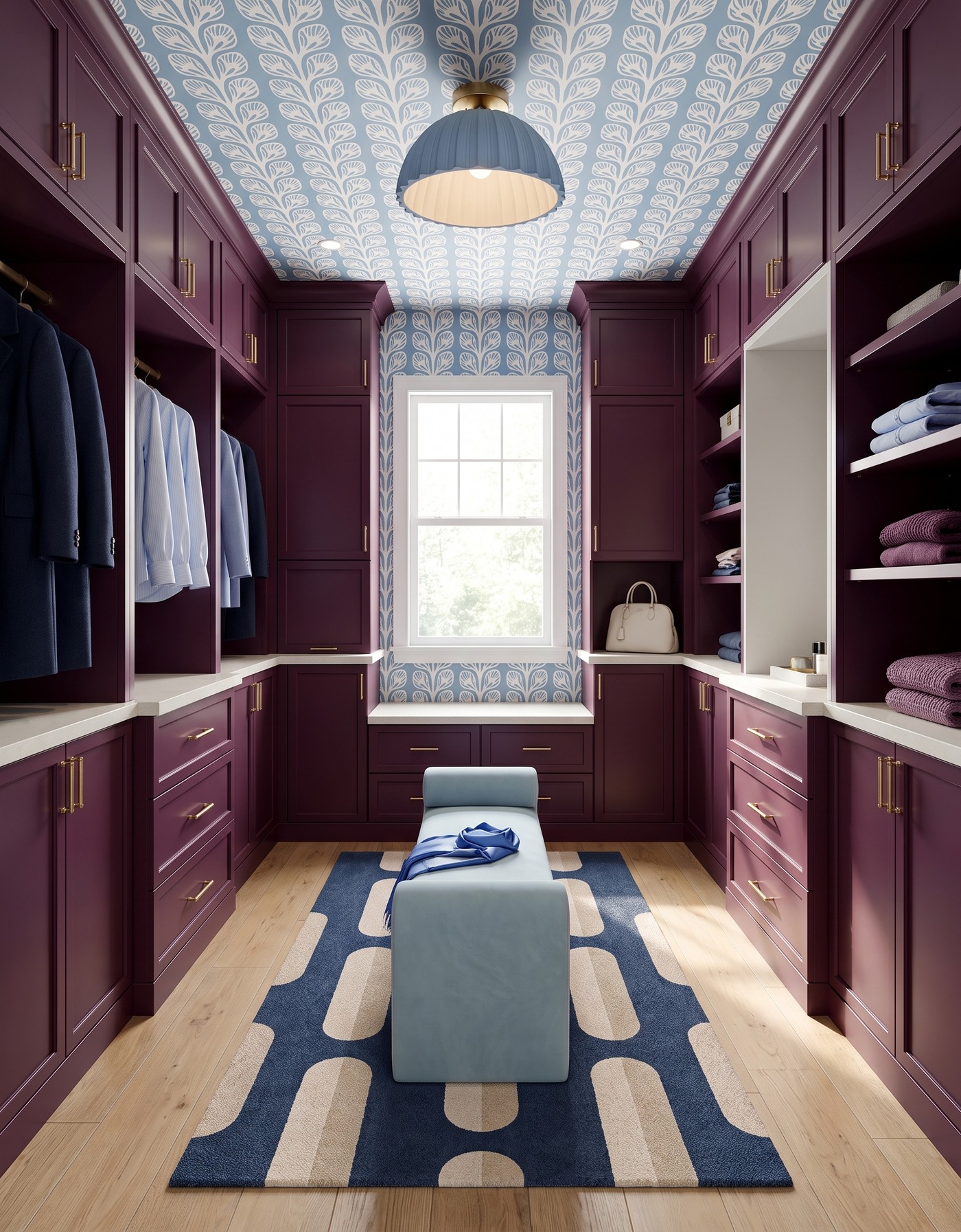 AI-created concept: Berry closet cabinetry frames blue leaf wallpaper, a pale-blue bench and navy geometric rug.