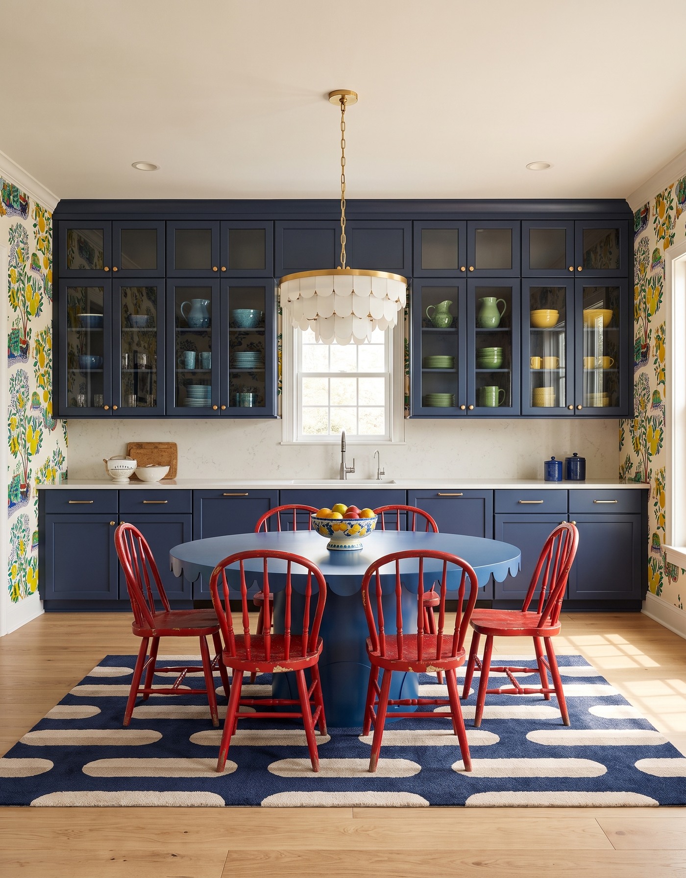 AI-created concept: Deep-blue kitchen cabinets with citrus-tree wallpaper, a blue pedestal table, red spindle chairs and ivory pendant.