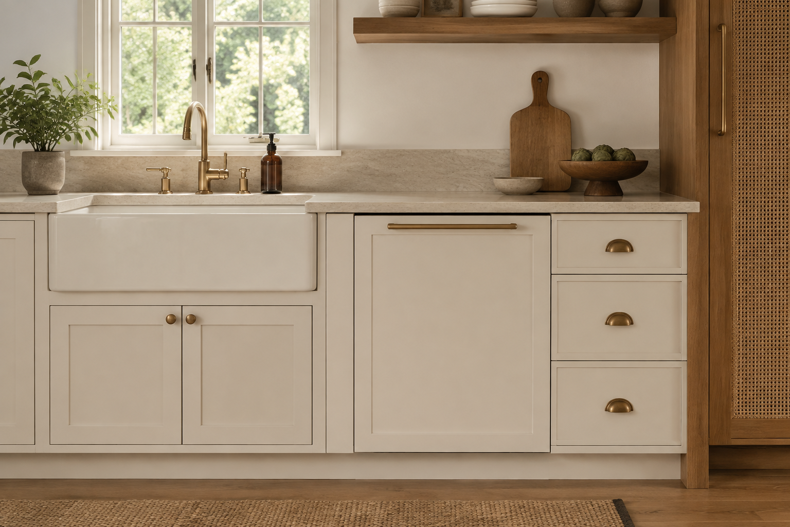 Panel-ready dishwasher aligned with the sink cabinet, nearby drawers, fillers, and warm brass hardware.