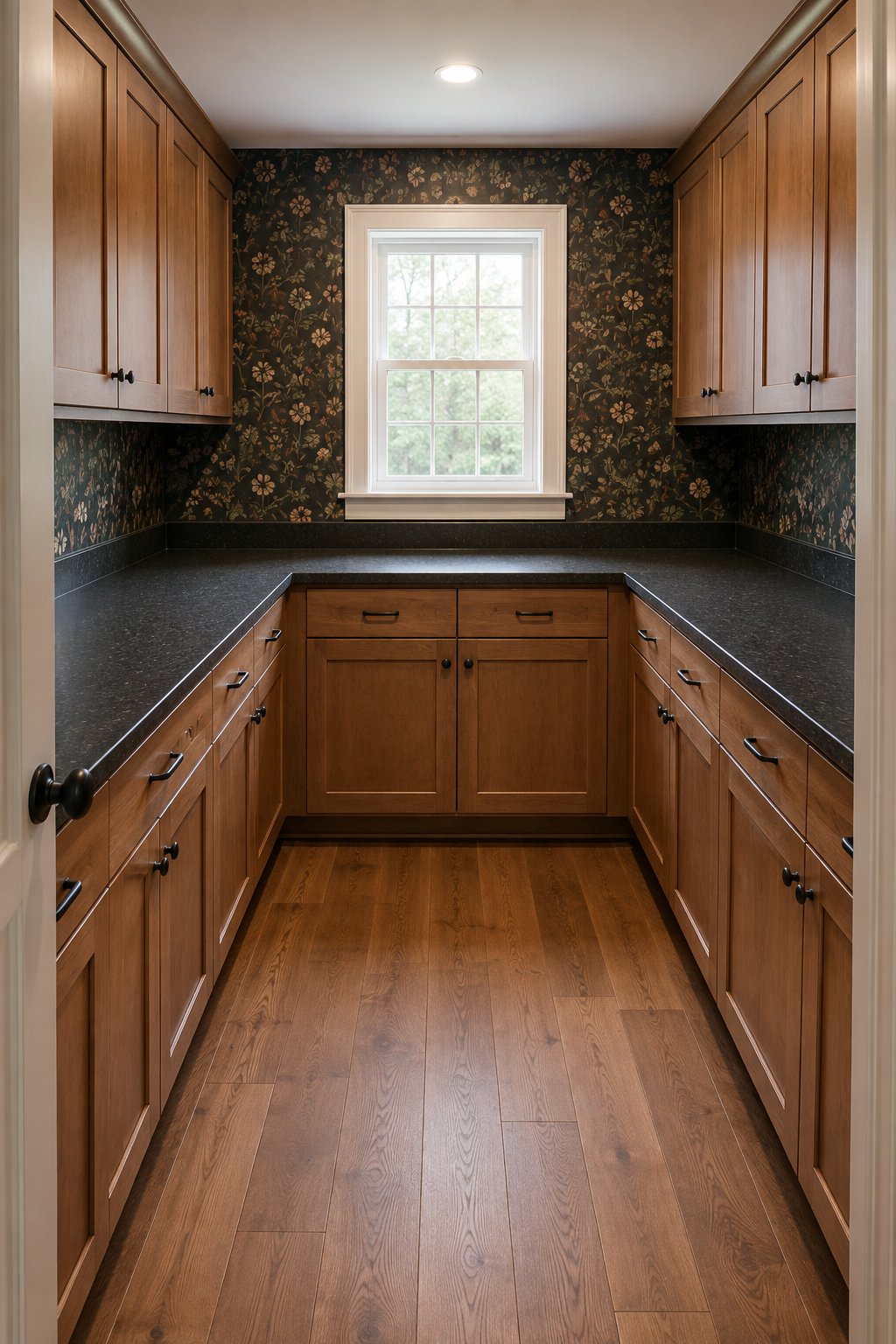 Concept image of a U-shaped walk-in pantry with wood cabinetry and dark counters wrapping three walls around a wide center aisle.