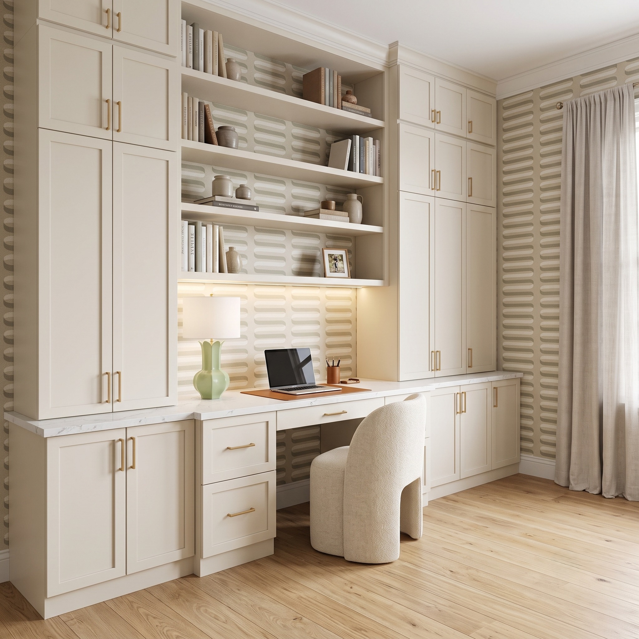 Cream office wall cabinetry with a bright desktop, open shelves, and concealed storage.