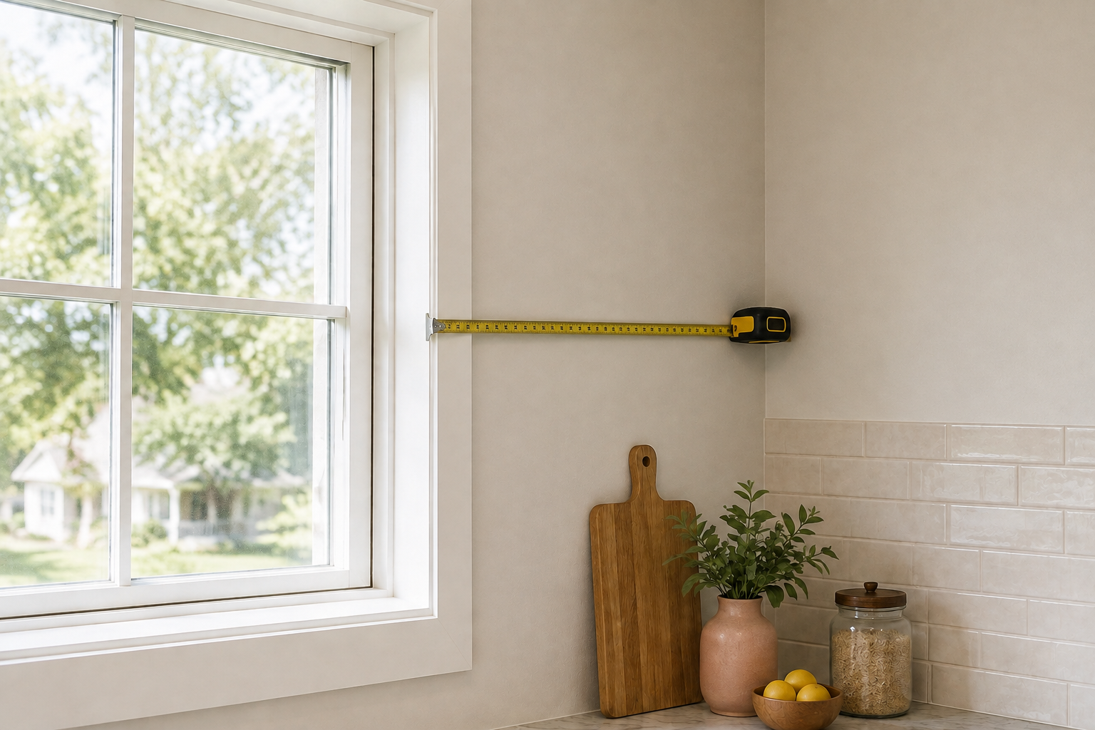Tape measure stretched level from the outside edge of kitchen window casing to a finished wall corner.