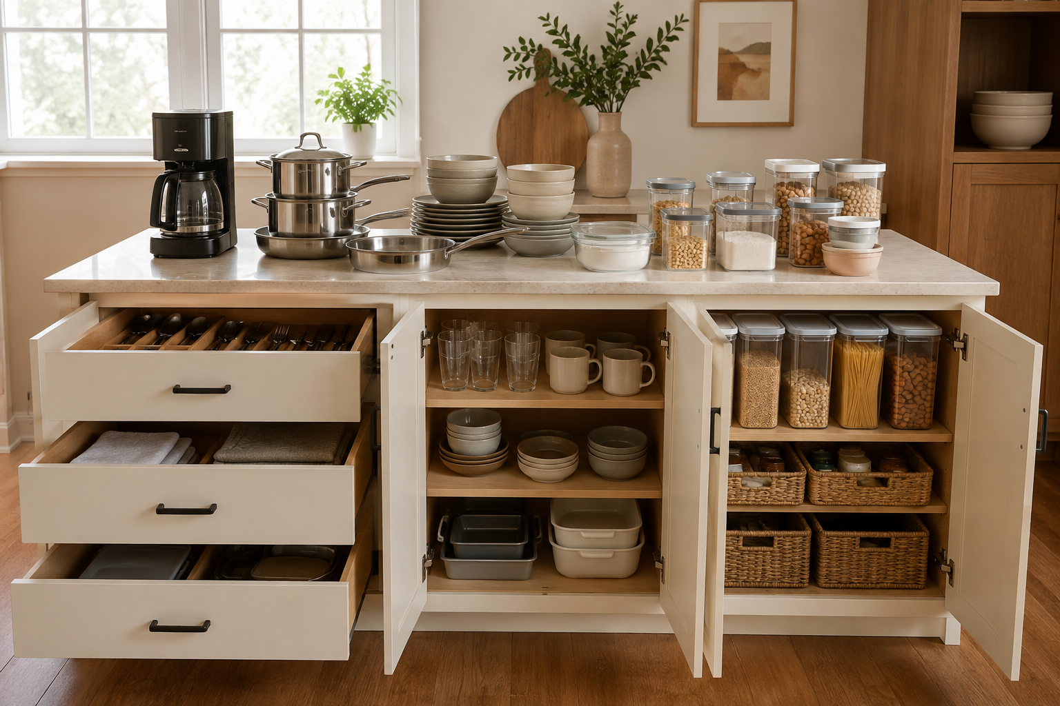 Organized kitchen cookware, dishes, food containers, and small appliances grouped beside open drawers and door cabinets.
