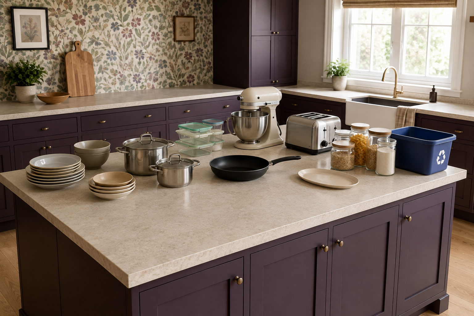Plum kitchen island covered with grouped dishes, cookware, food containers, small appliances, pantry jars, and a recycling bin for a storage inventory.
