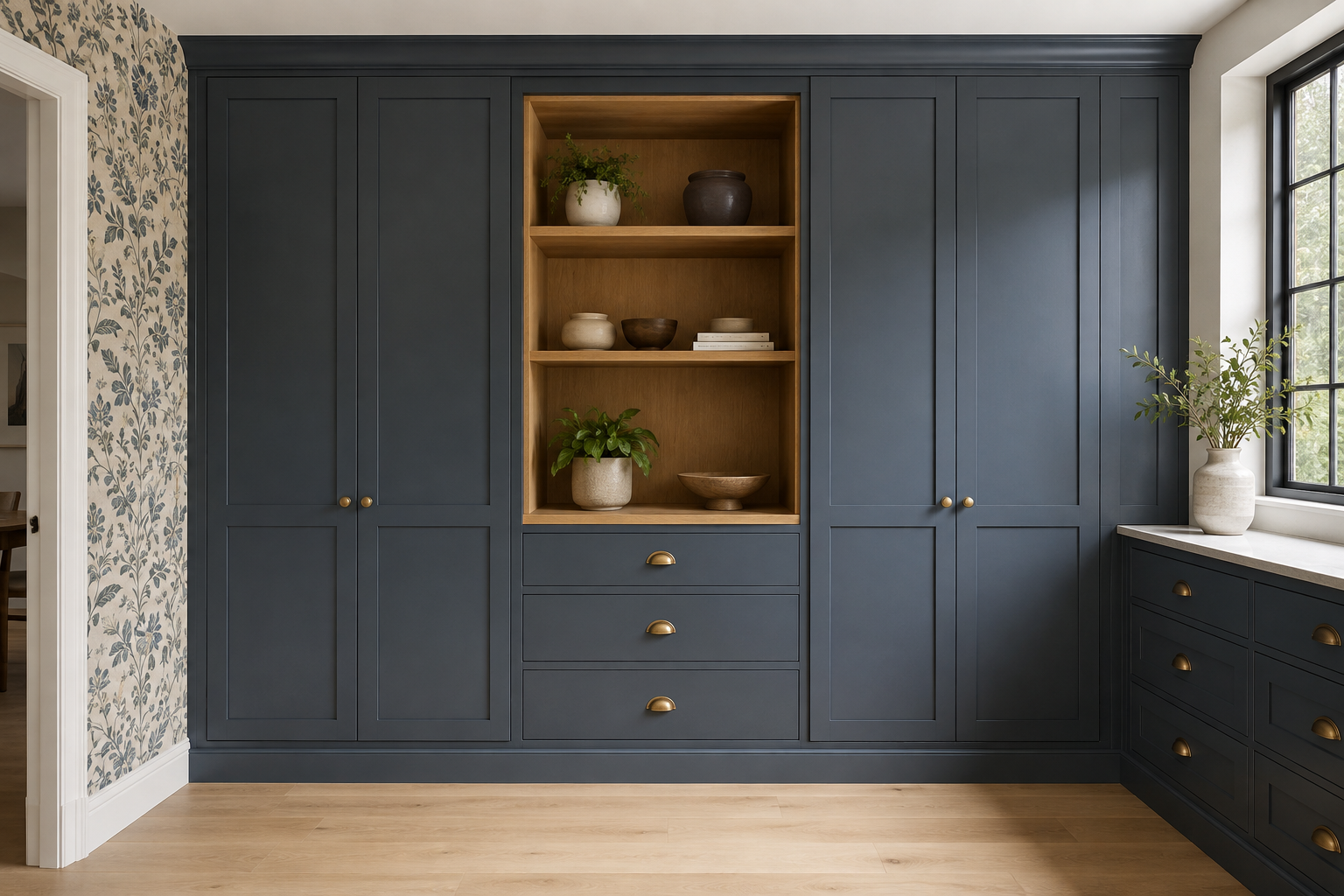 A straight deep-blue storage wall combines closed floor-to-ceiling pantry doors with one centered open oak display hutch.