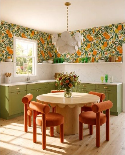 Island seating scene with clear pathways and sufficient knee-space at the stool edge.