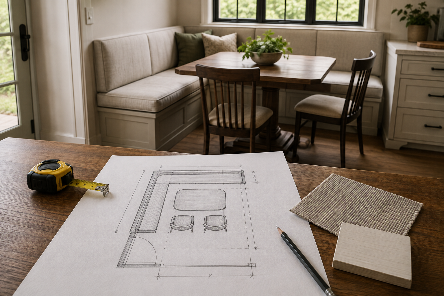 An overhead banquette plan with an L-shaped seat, pedestal table, two chairs, door swing, window, and pullback zone sits beside finish samples.
