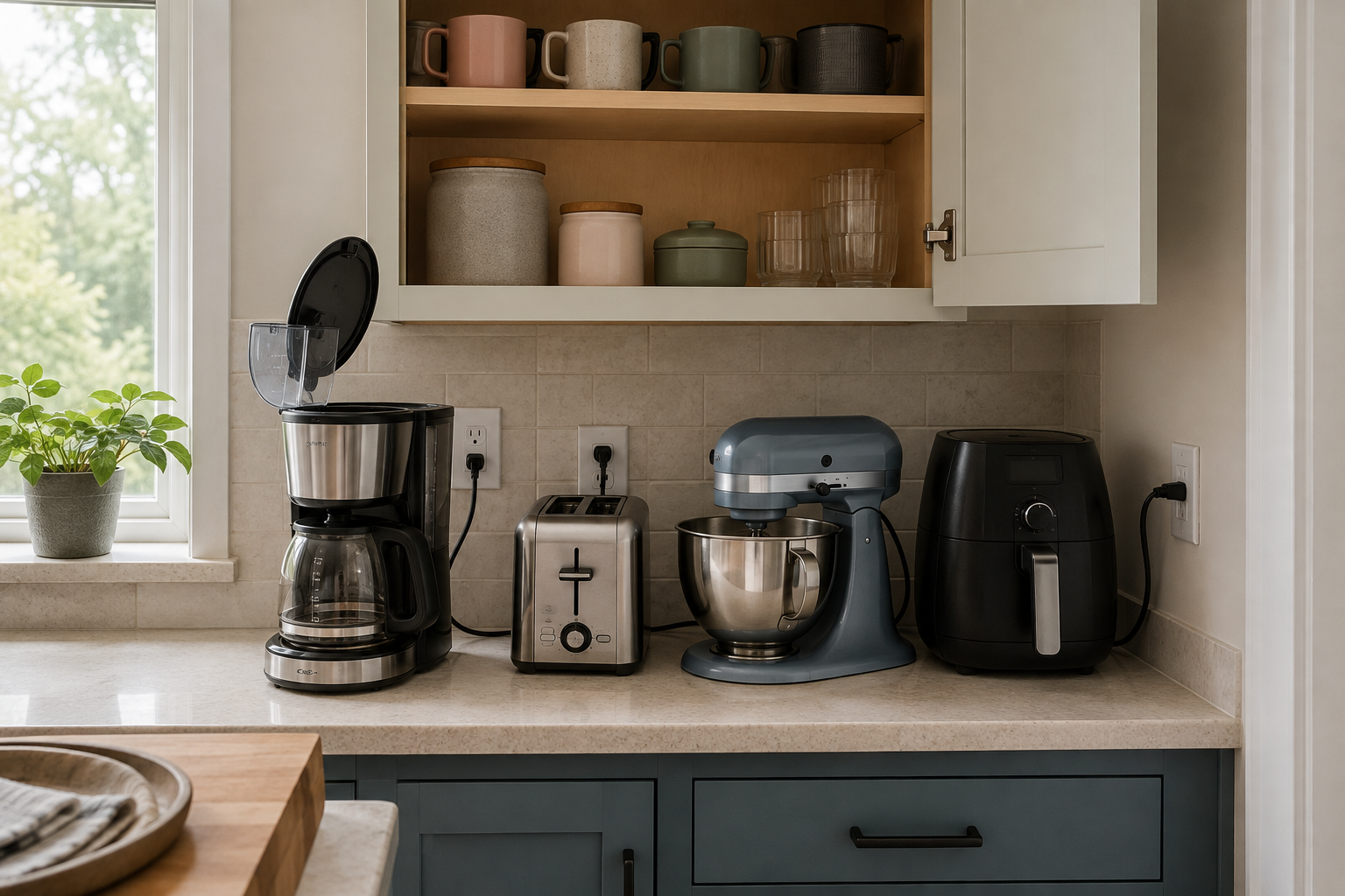 Coffee maker, toaster, mixer, and air fryer arranged in a countertop appliance zone with open lids and nearby outlets.