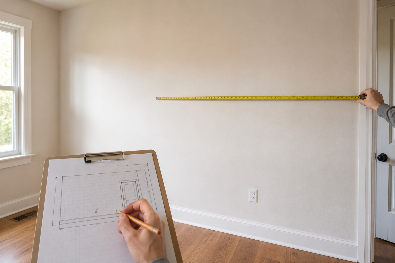 A tape measure spans part of an empty wall while a clipboard sketch records the wall, doorway, window, baseboard, and outlet.