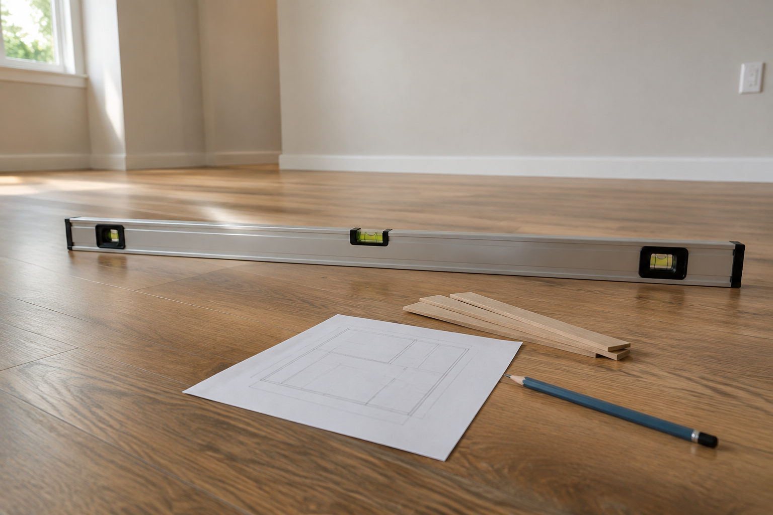 Long aluminum spirit level resting flat across a finished wood floor beside loose planning shims, a pencil, and a simple floor sketch.