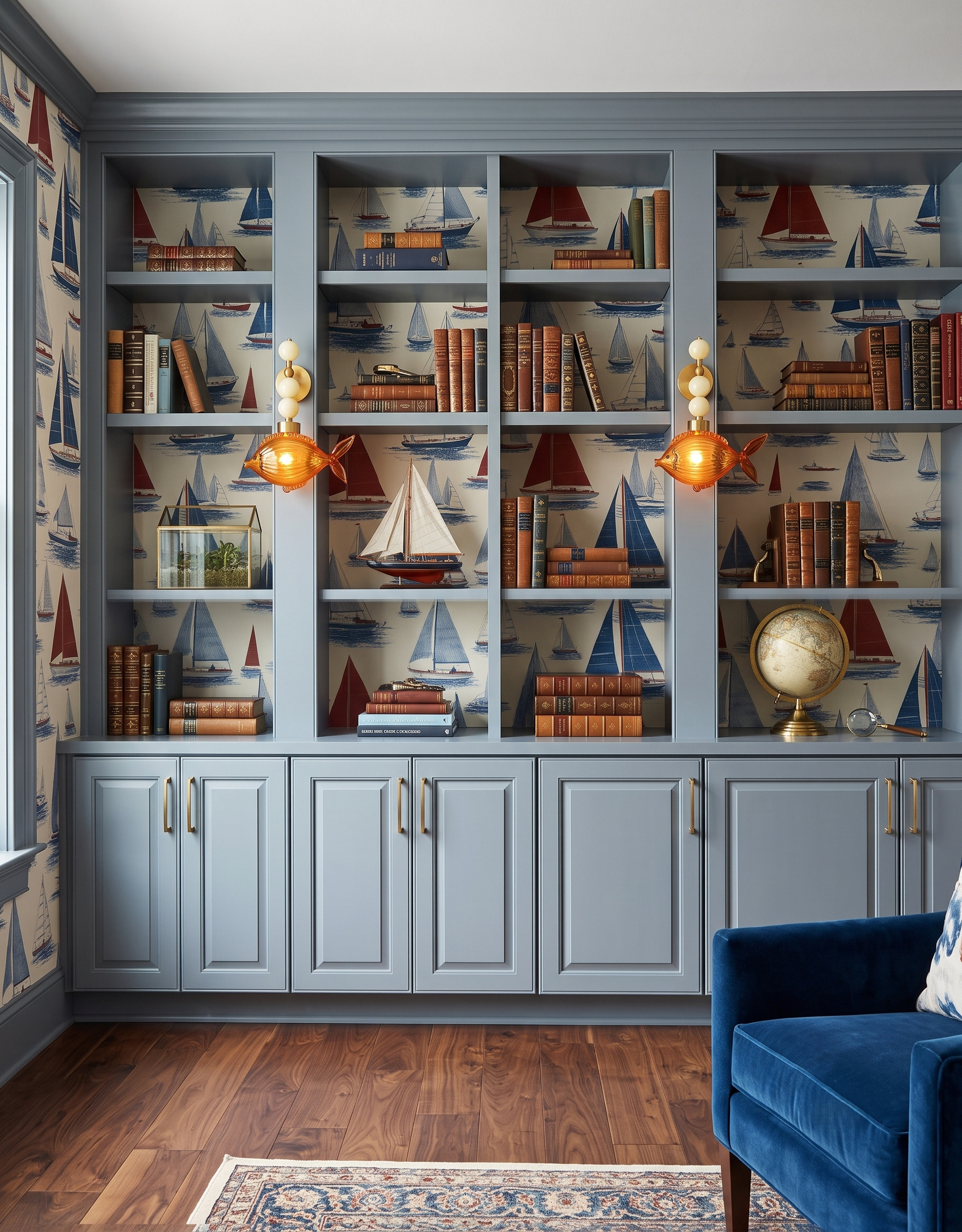 Blue-gray bookcase with sailboat wallpaper, amber fish-shaped sconces, a model sailboat and a navy chair in the foreground.