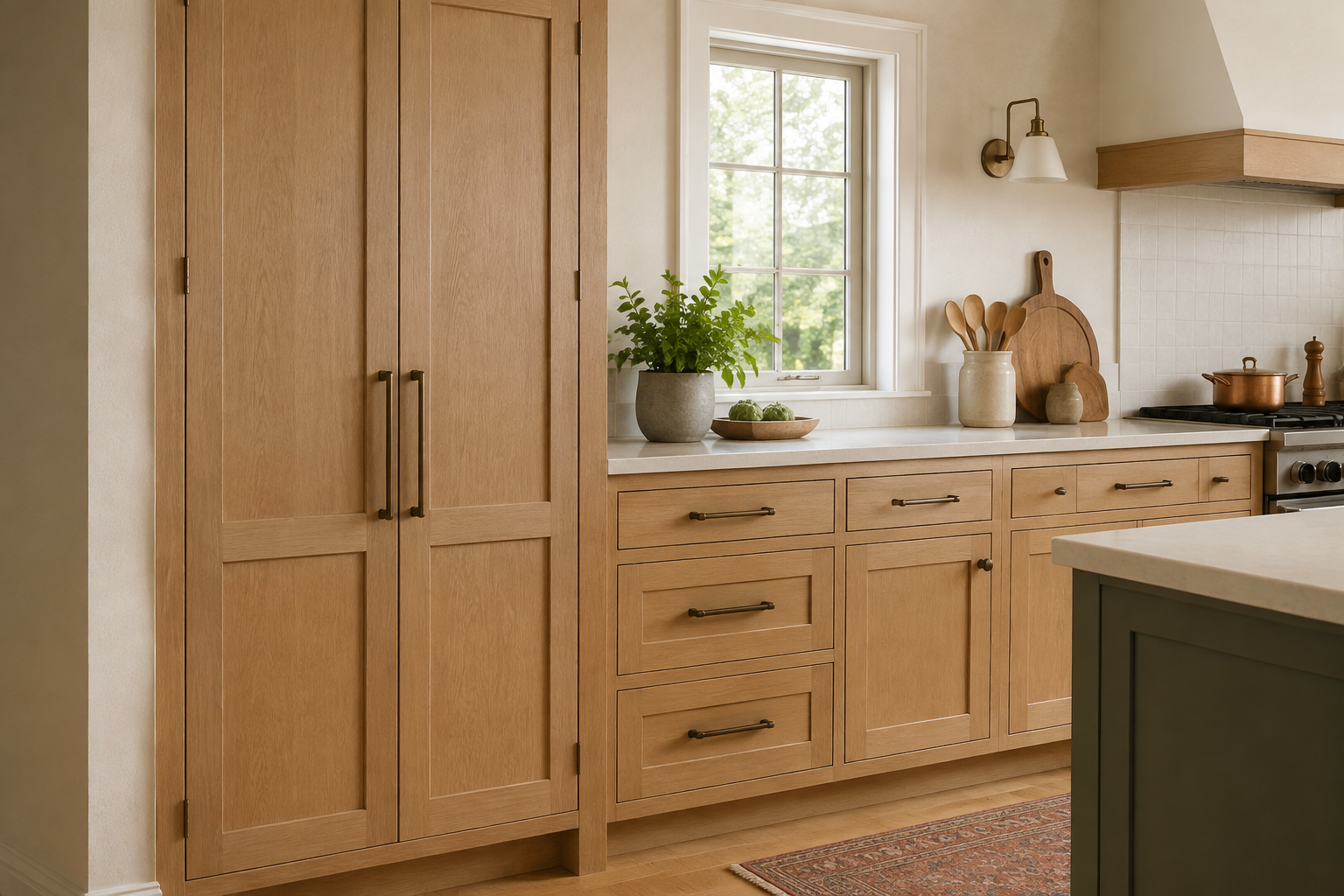 Tall pantry doors and nearby base cabinets using coordinated pull placement at comfortable working zones.