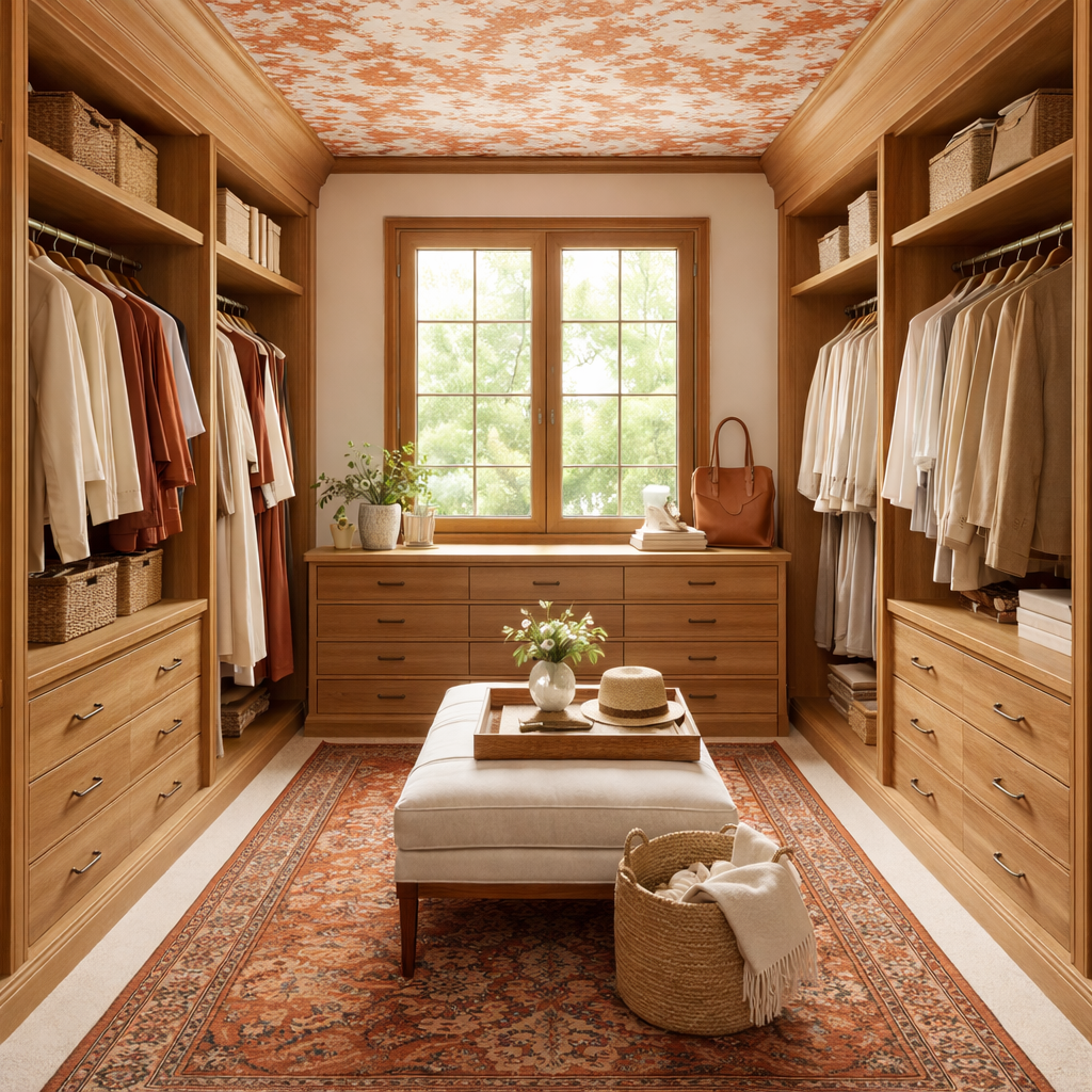 A warm-wood walk-in closet with symmetrical hanging bays, closed drawers, a window wall, a centered bench, and a clear aisle.