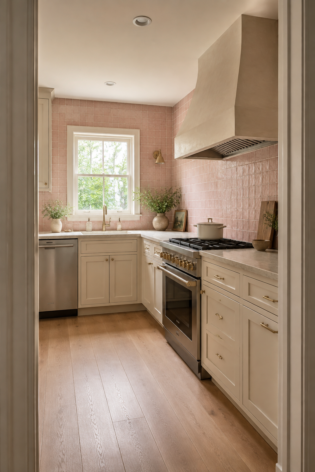 A blush-tile kitchen seen through its doorway, with clear material boundaries, a vented range, and an open aisle.