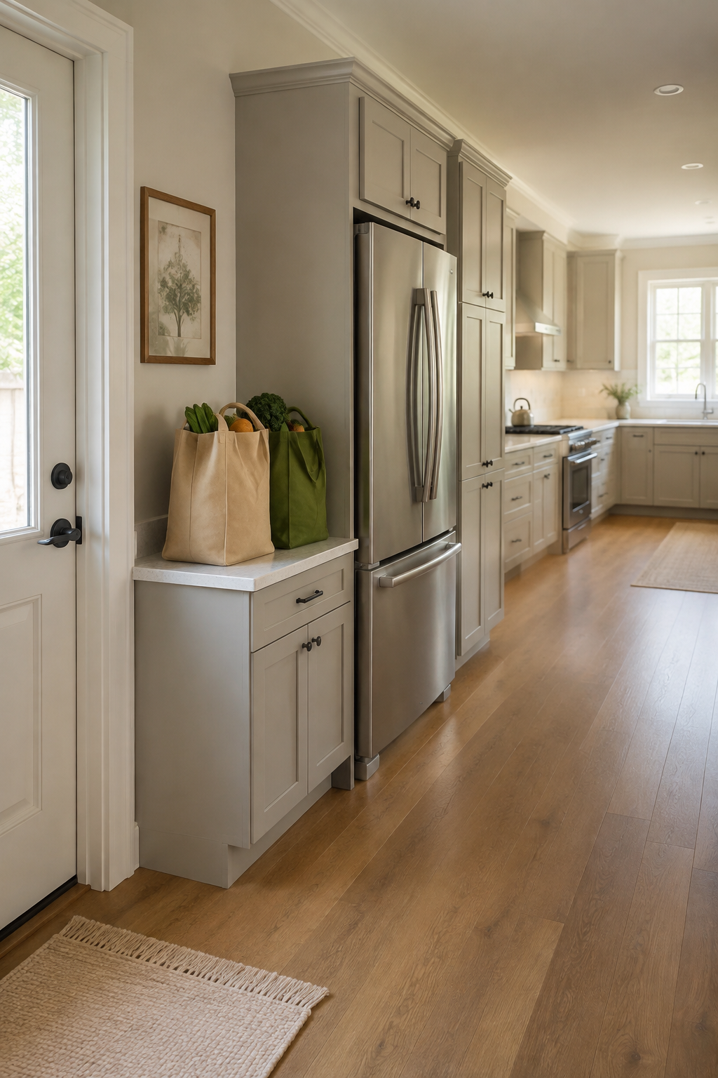 Concept image of two grocery bags on a landing counter directly between an exterior door and a refrigerator, with pantry cabinets beside it.