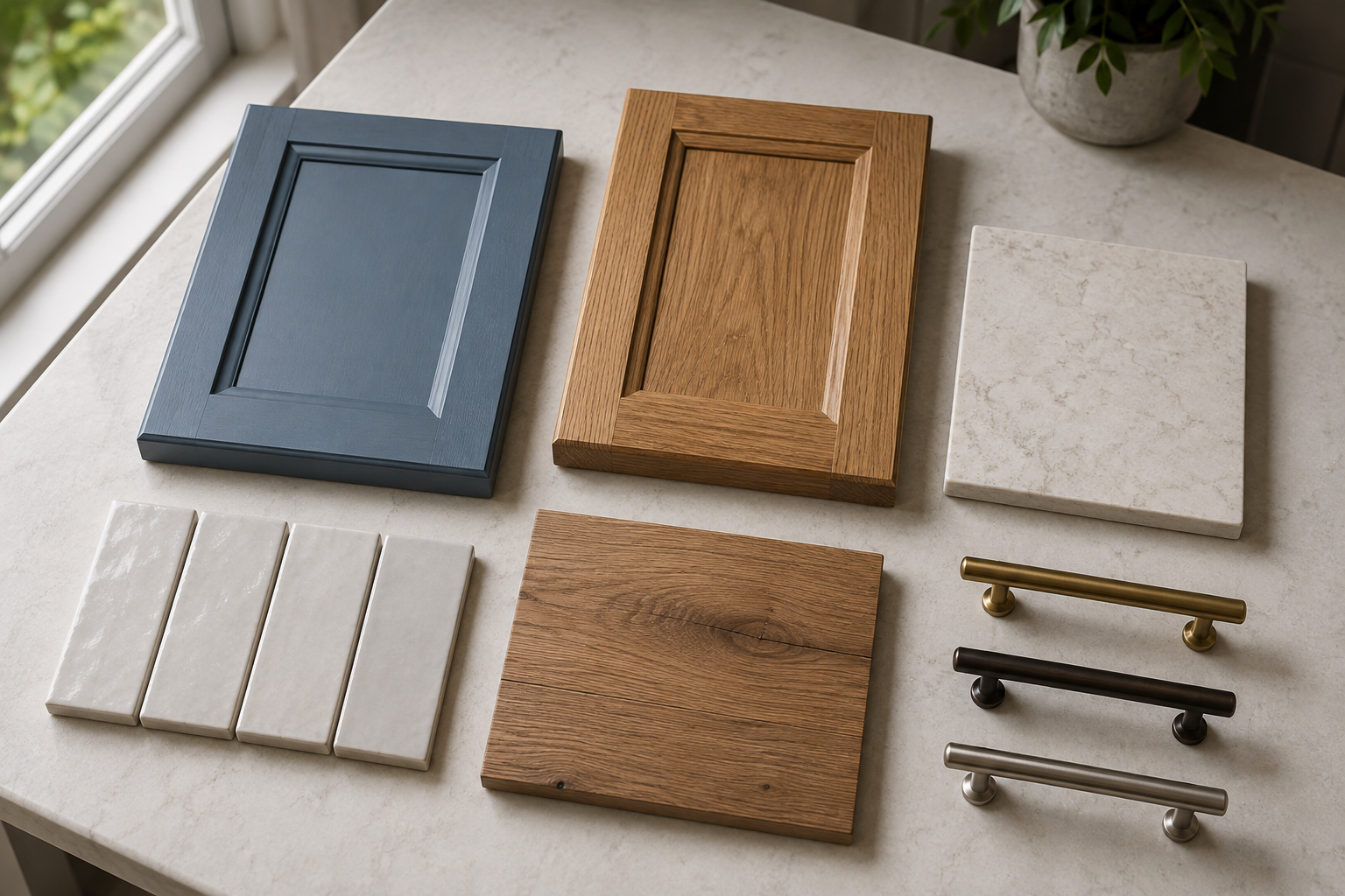 Painted and stained solid cabinet-door samples arranged with stone, tile, wood-floor, and three distinct metal hardware samples.