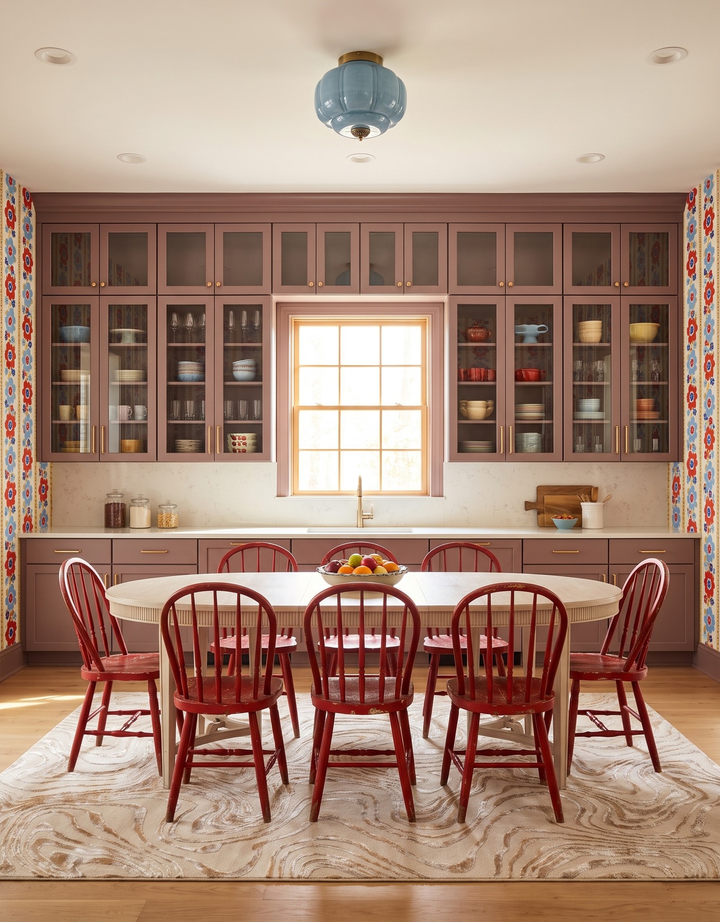 AI-created concept: Mauve glass-front kitchen cabinets with retro floral stripes, red spindle chairs and a pale dining table beneath a blue light.
