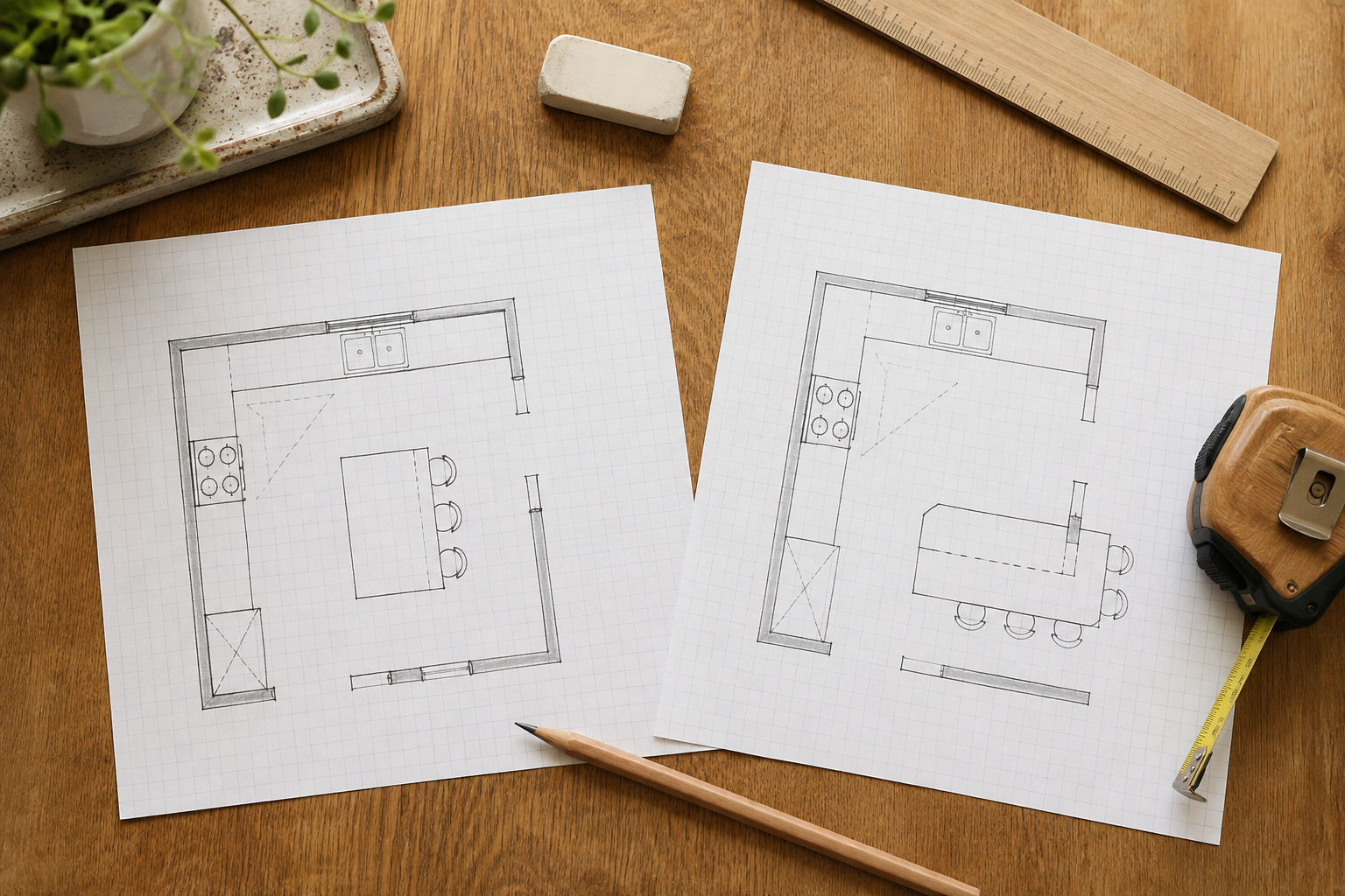 Two hand-drawn kitchen plans on graph paper comparing a freestanding island with an attached peninsula.