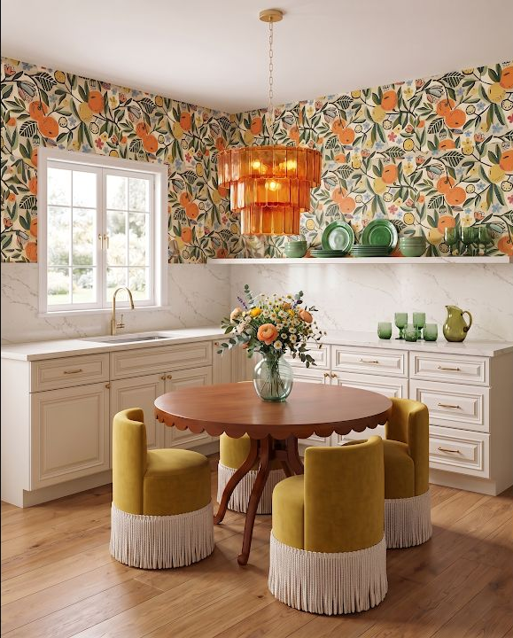 Concept image of a bright floral kitchen with an orange pendant centered over a round dining table.