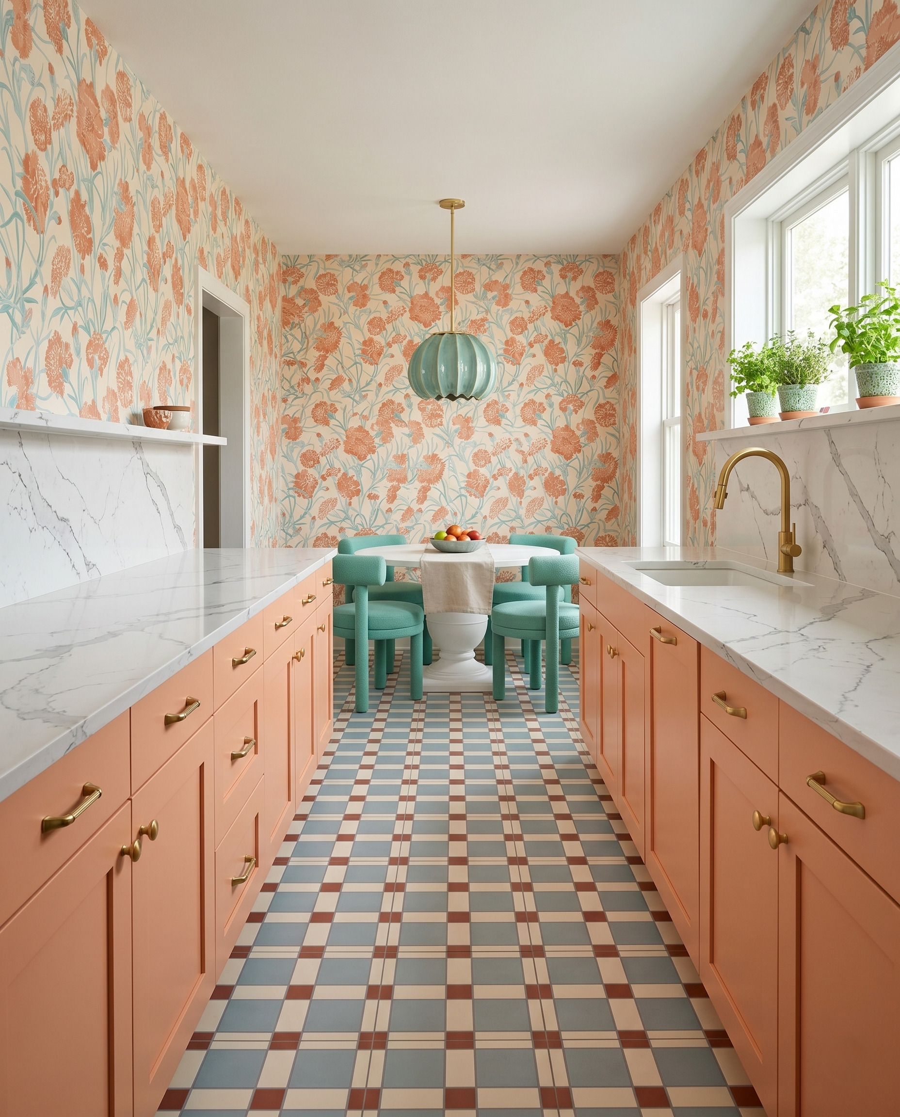 Peach galley cabinets with peach-flower and blue-green-stem wallpaper, pale counters, a plaid floor and turquoise chairs around a white table.