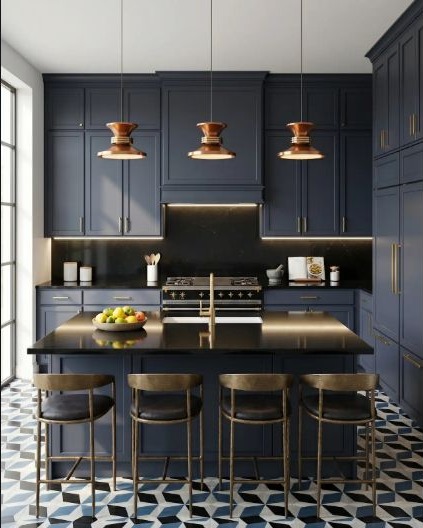 Dark blue cabinets and a bold contrasting floor separated by quieter surfaces.