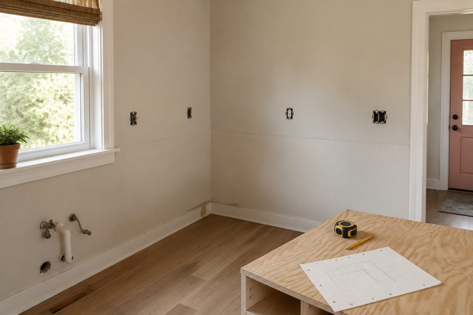 Unfinished L-shaped kitchen corner with window, doorway, utilities, tape measure, pencil, and graph paper.