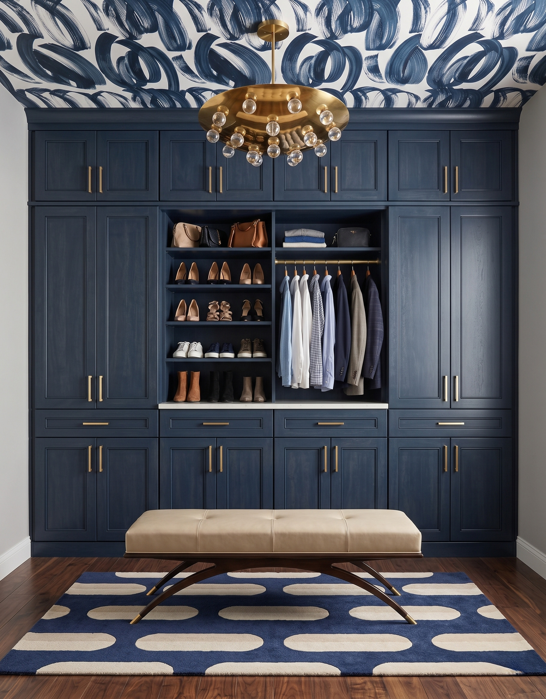 Dark-blue wood-grain closet cabinetry with a navy brushstroke ceiling, tan upholstered bench and blue-and-cream rug.