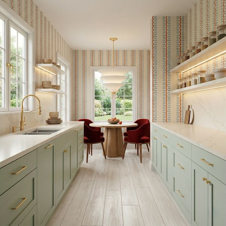 Concept image of a light sage galley kitchen with fine red vertical-pattern wallpaper, pale counters, and dark red dining chairs.