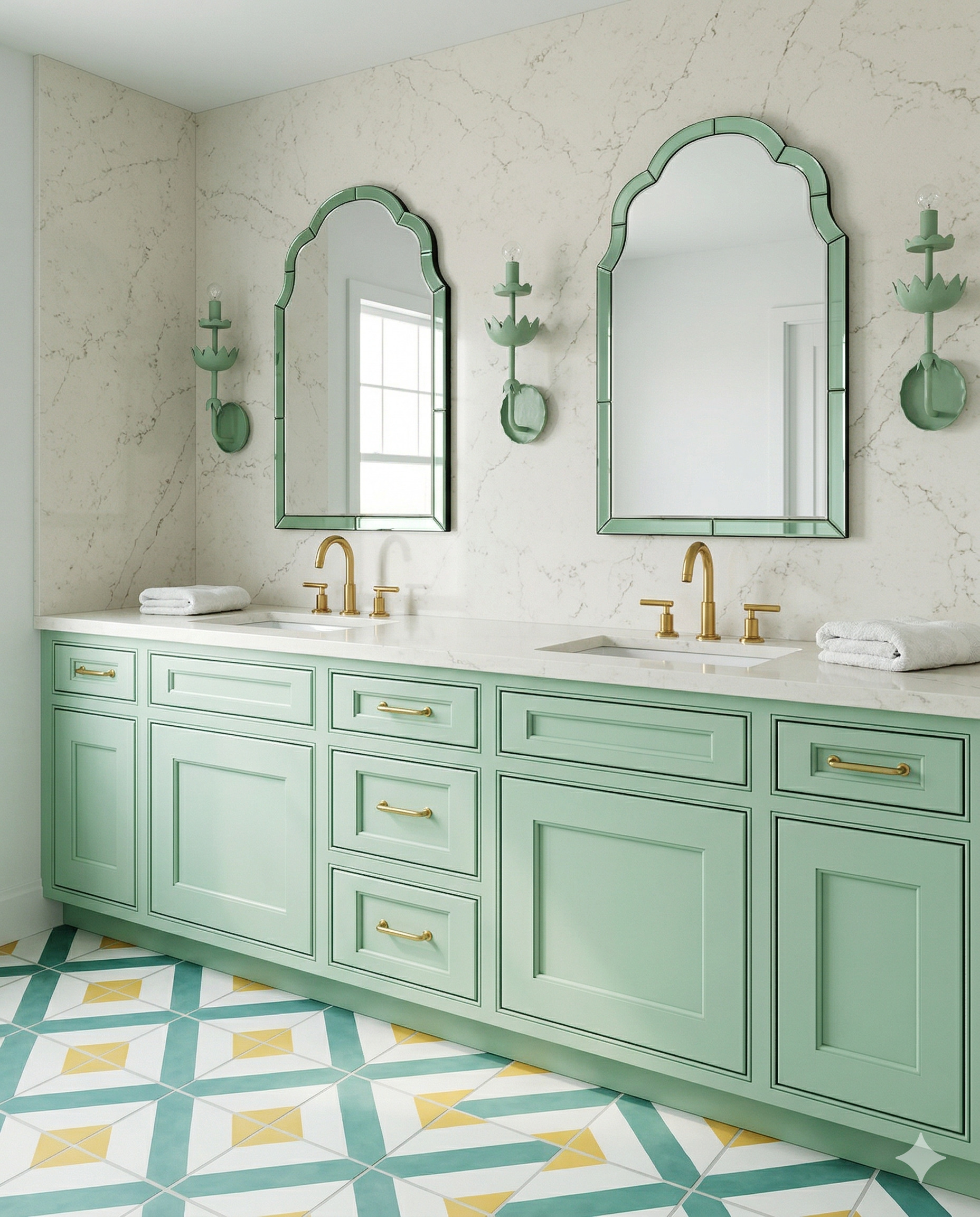 Pale-green segmented mirror frames, green floral sconces and a matching green vanity against a pale veined wall.