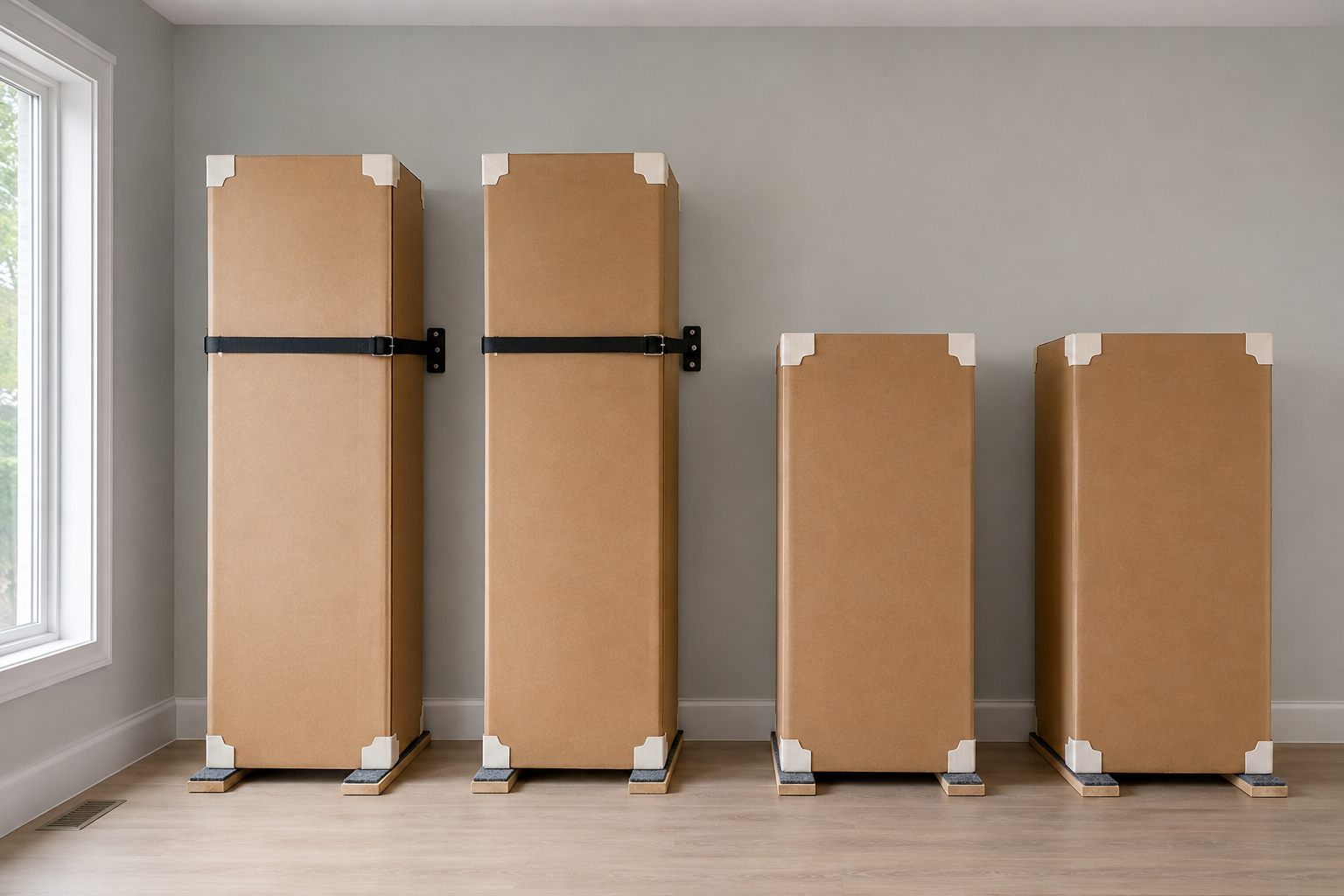 Four wrapped cabinet cartons stored upright and separately on padded wood strips in a dry room, with the two tall cartons softly secured to the wall.