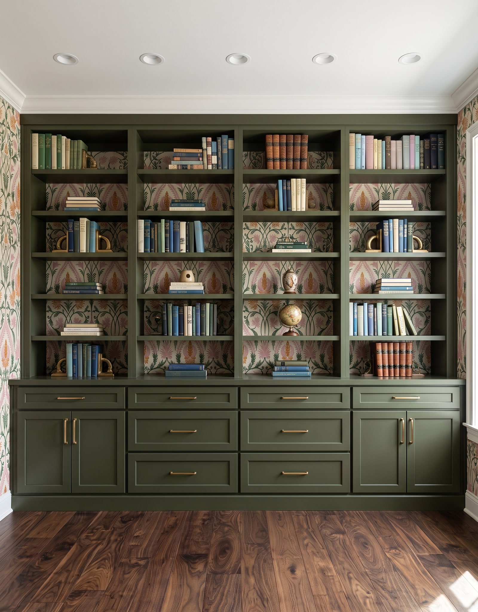 An olive-green full-wall library with four supported shelf bays, closed base cabinets and drawers, crown trim, and a window at the side.