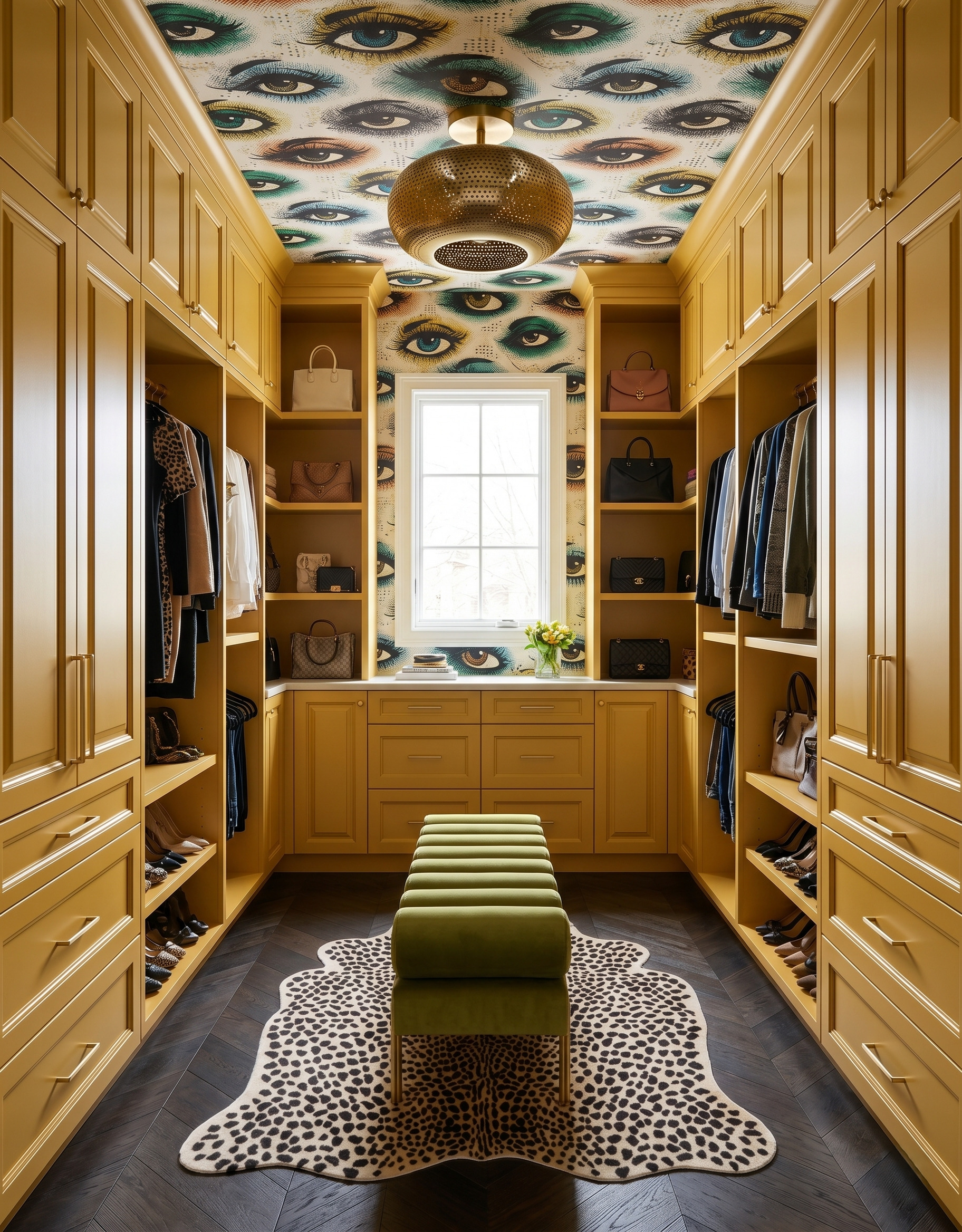 Perforated gold drum light above mustard-ochre closet cabinetry and an olive bench, beneath colorful eye-patterned wallpaper.
