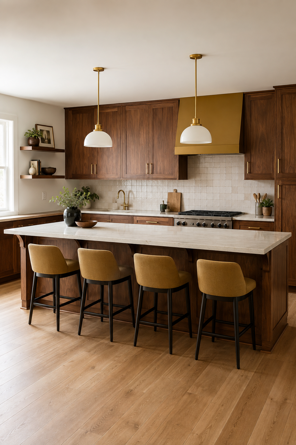 Walnut kitchen island with four widely spaced mustard stools, a supported overhang, and clear passage behind.
