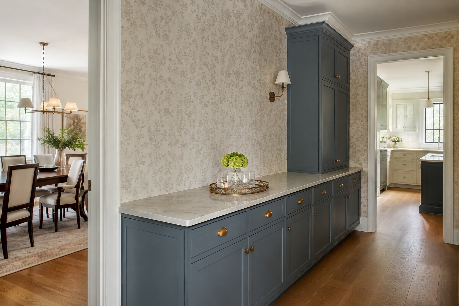 A long supported blue pantry counter holds one serving tray and connects the dining room and kitchen without blocking either doorway.