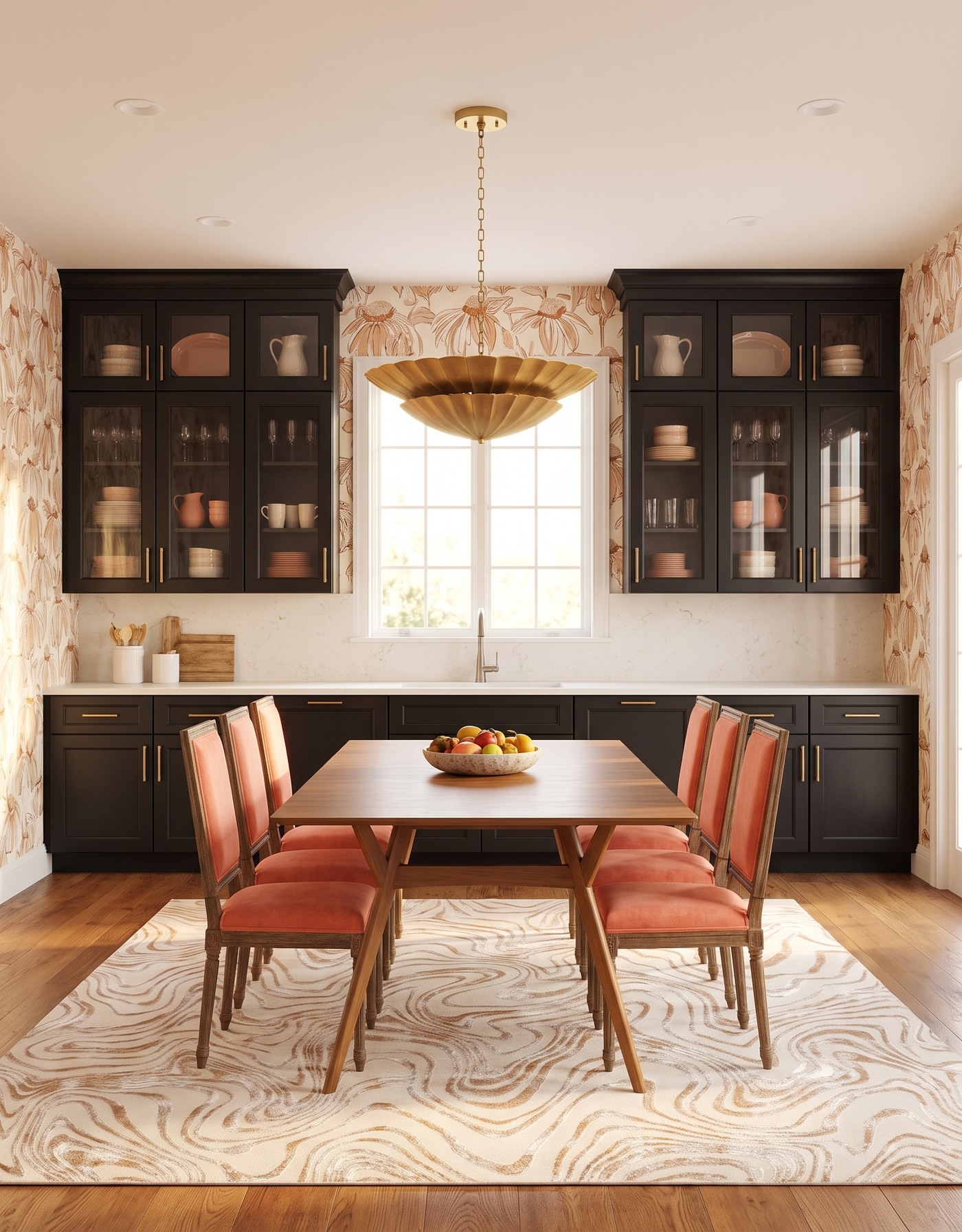 AI-created concept: Ink-black kitchen cabinets with cream-and-camel botanical wallpaper, coral chairs, a wood table and brass-toned pendant.