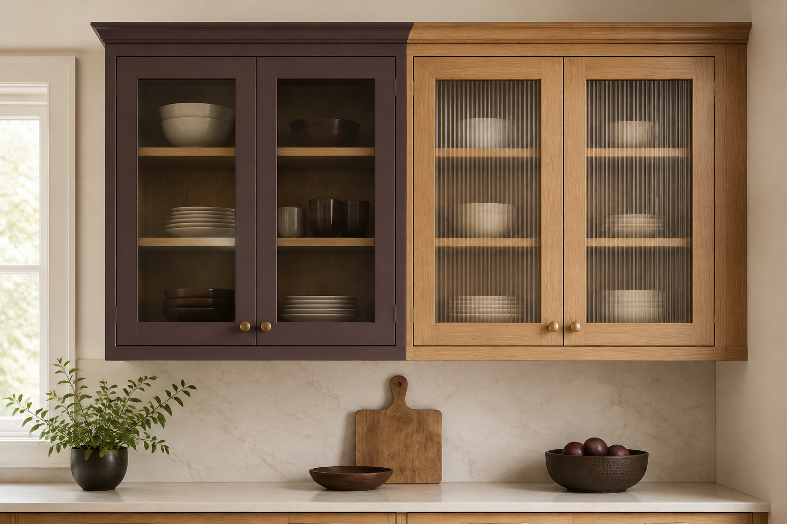 Two adjacent installed upper cabinets, one with clear glass and one with reeded glass, each containing real dishes inside a complete cabinet box.