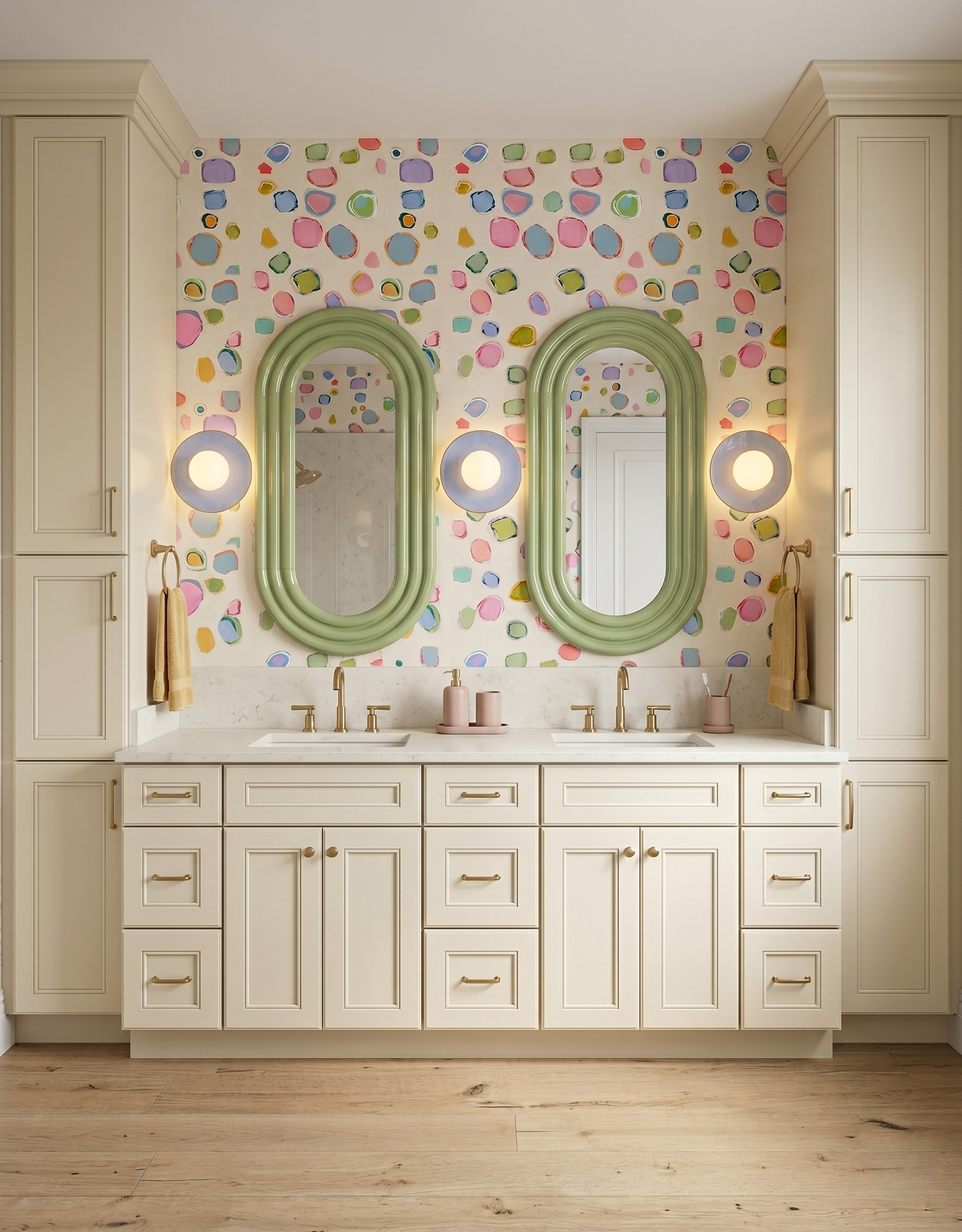 Cream double vanity between tall cream cupboards, with colorful spot-pattern wallpaper, green oval mirrors and round lavender sconces.