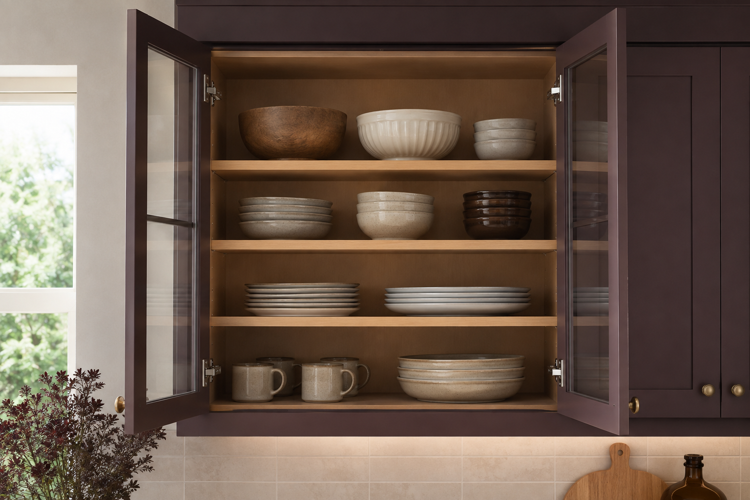 Complete two-door glass cabinet with both doors open, showing securely supported shelves and realistic dishes inside.