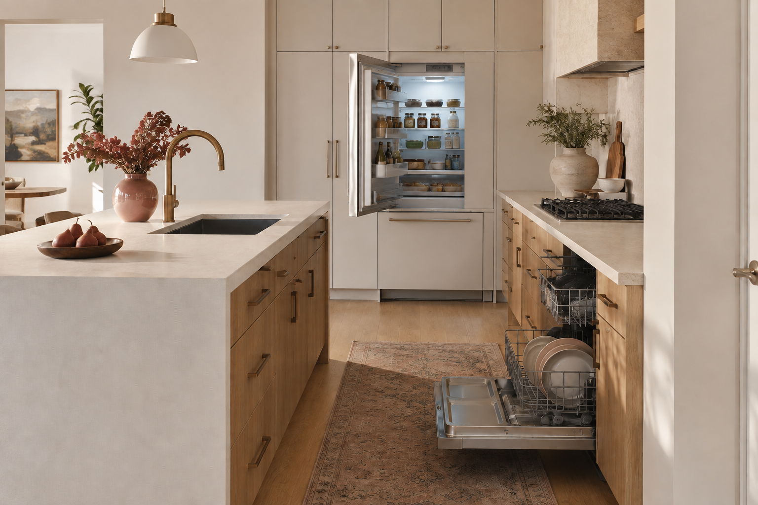 Kitchen aisle shown with refrigerator and dishwasher doors open beside a freestanding island.