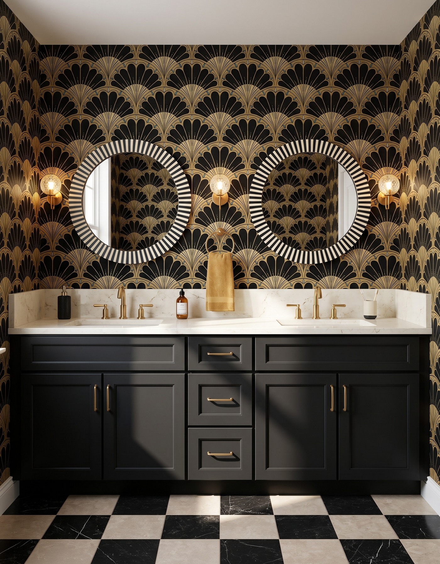 AI-created concept: Black cabinetry and gold fan wallpaper make a graphic pair with striped mirrors and checkerboard flooring.