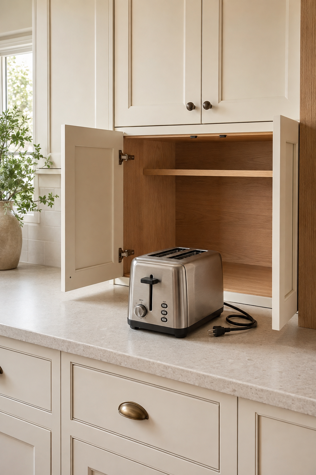 Unplugged two-slot toaster pulled fully onto open counter space in front of an empty hinged-door appliance cabinet.