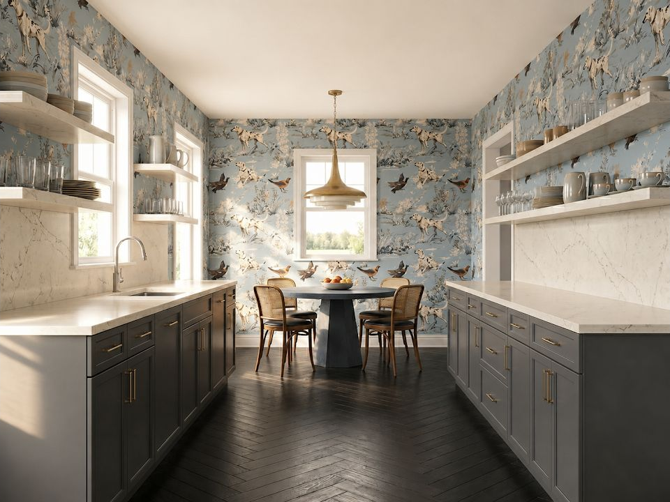 Wide galley with open cabinet doors and a clean, clear circulation path through the workspace.
