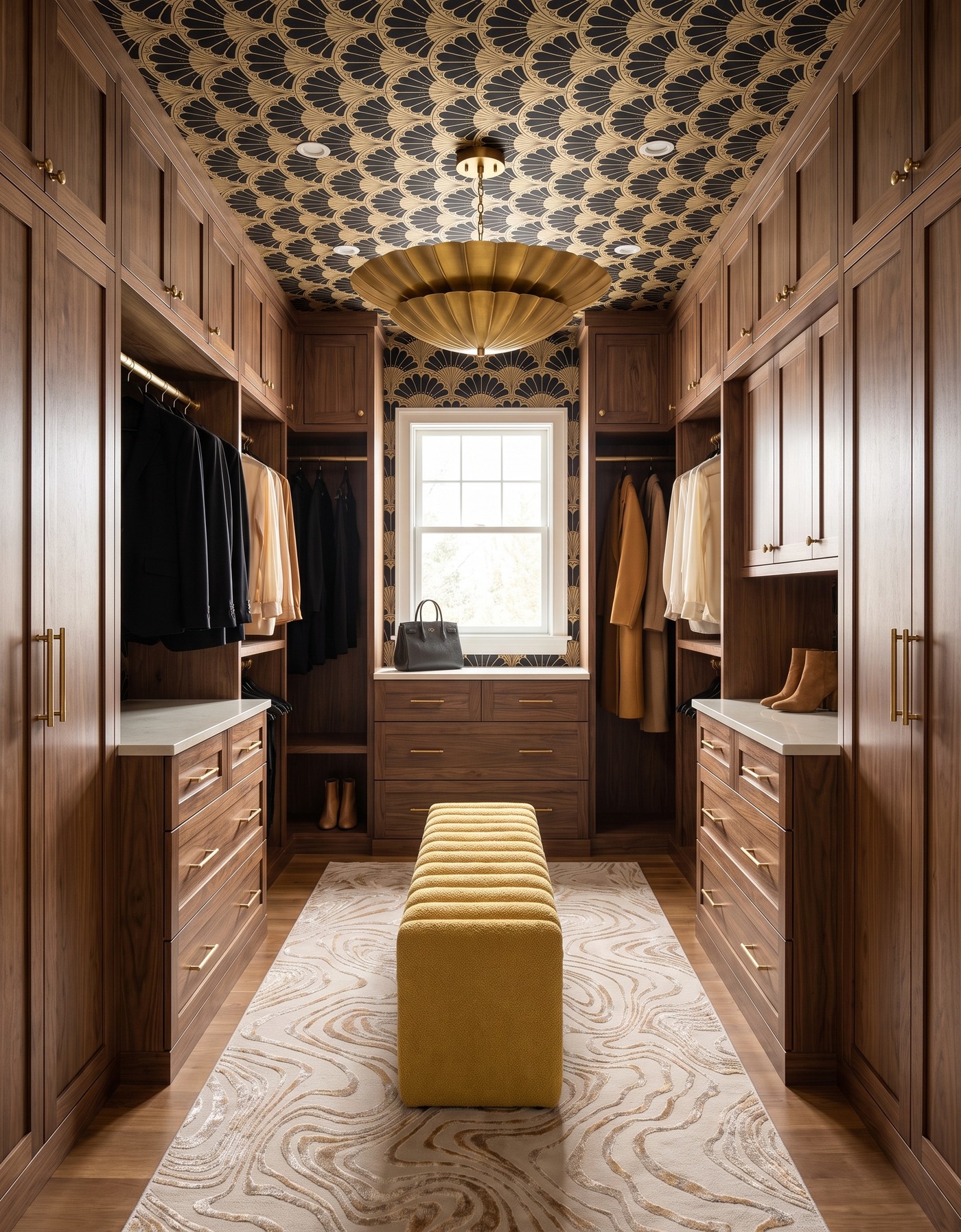 AI-created concept: Walnut-toned closet cabinets meet black-and-gold fan wallpaper and a mustard channel bench.