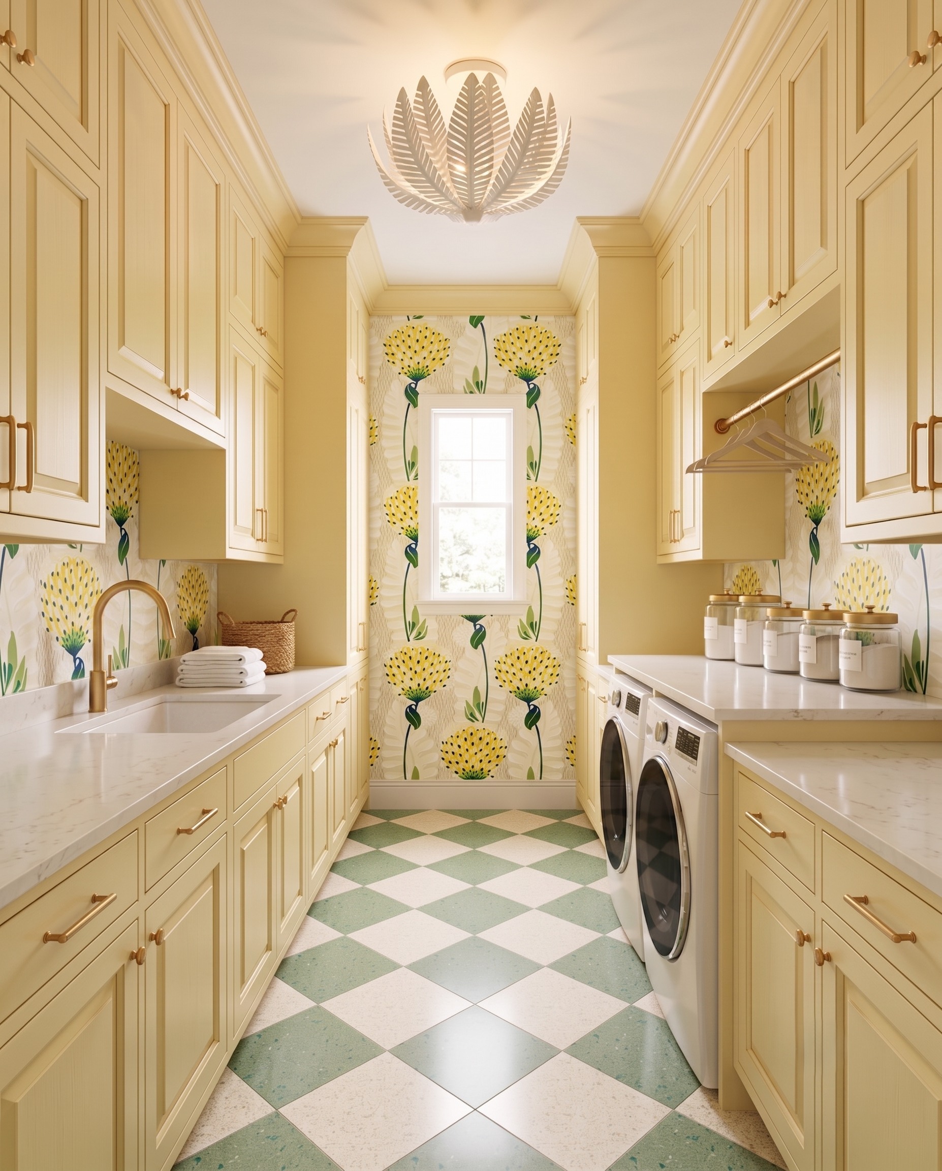 Yellow laundry cabinetry with a folding counter, sink, side-by-side machines, hanging rail, and green checked floor.