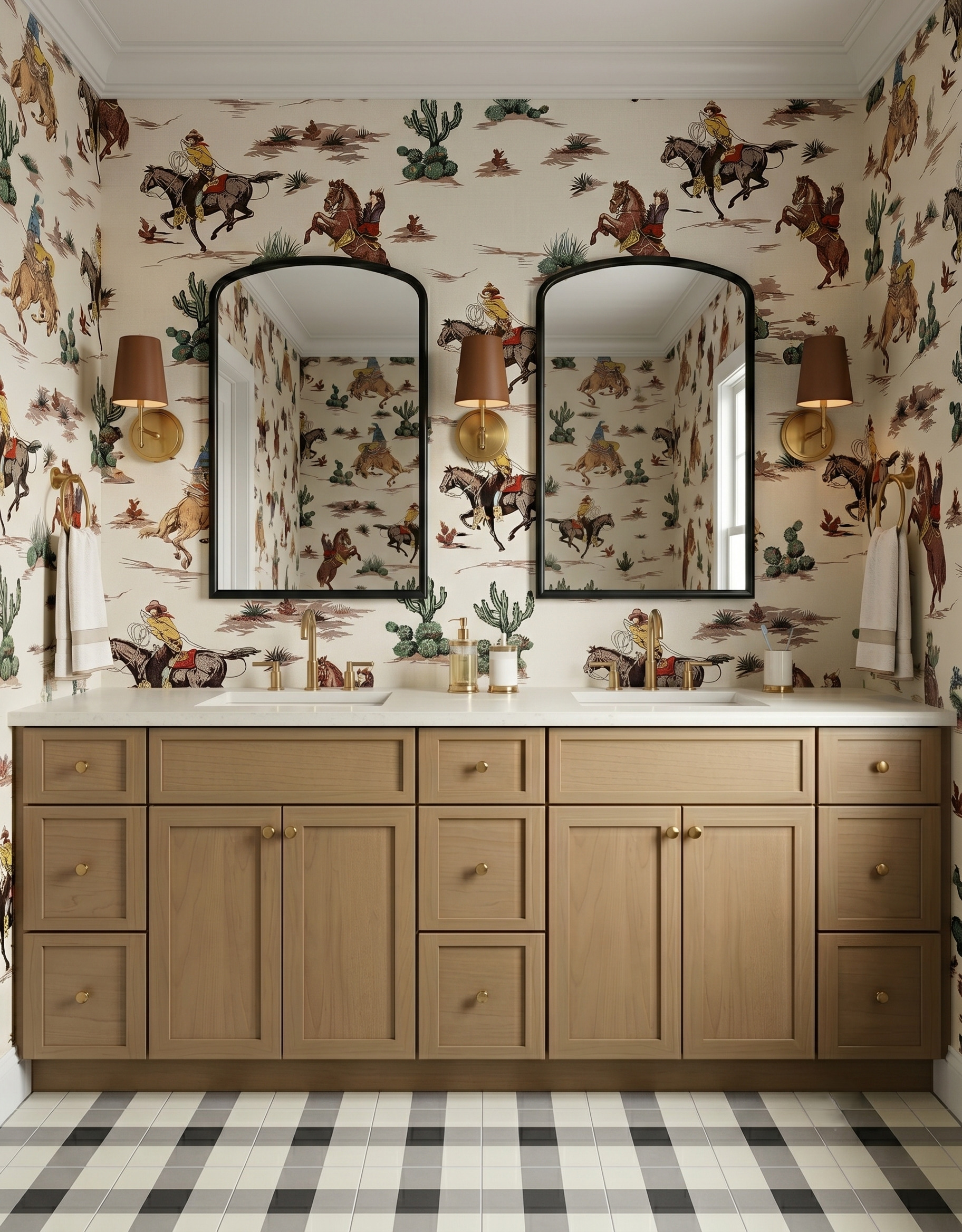 Light wood double vanity with cowboy-and-cactus wallpaper, black arched mirrors, brown-shaded sconces and a gray checked floor.