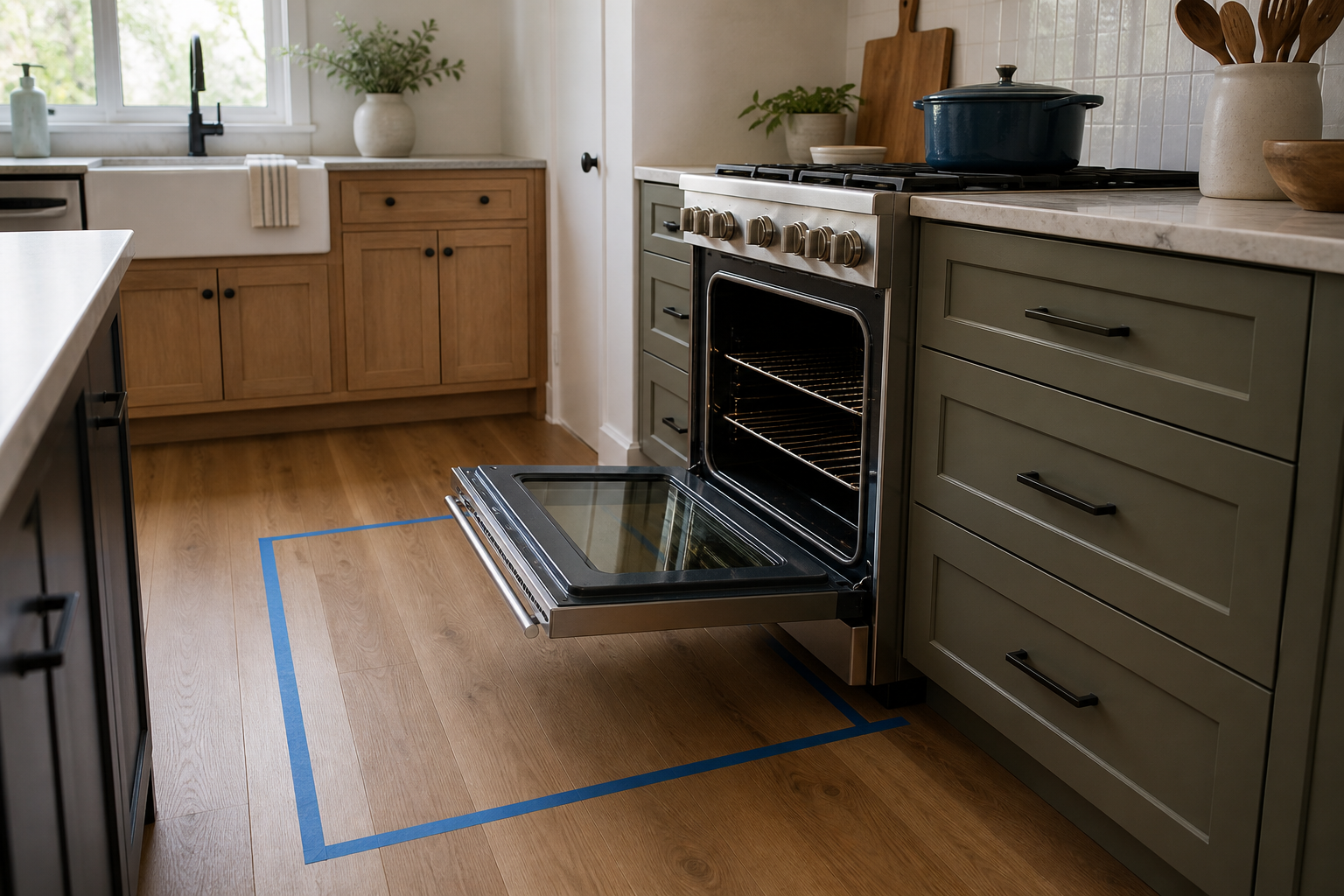 Range with oven door open and its working area outlined on the kitchen floor.