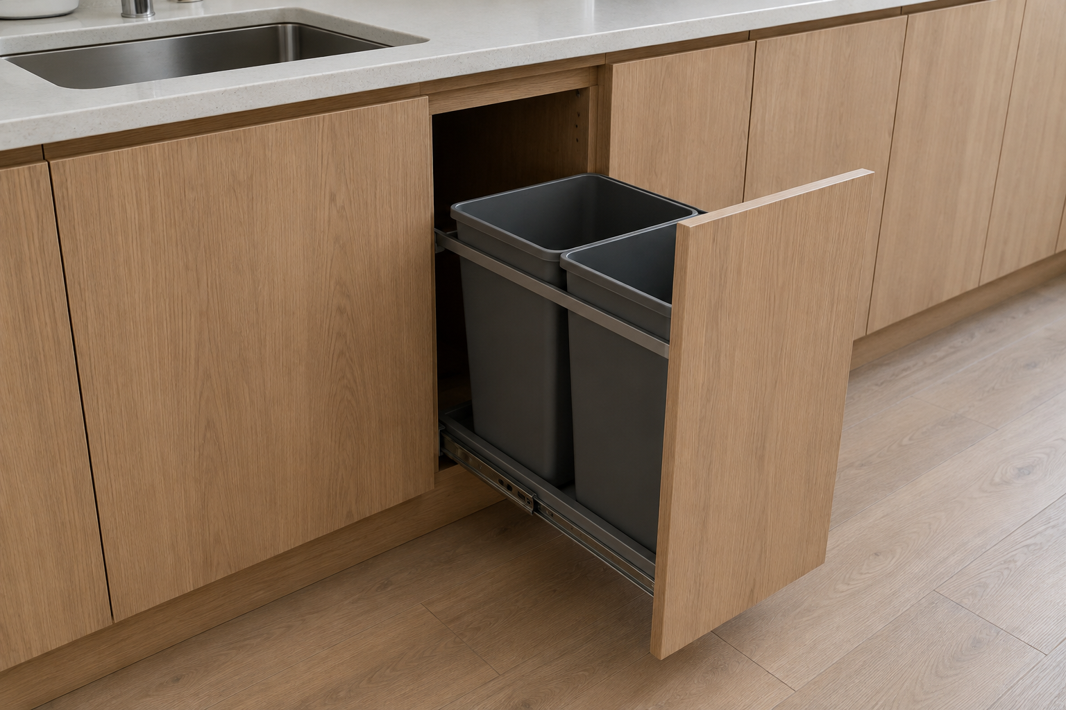 Pale oak two-bin waste pullout extended beside a separate closed sink-base cabinet.