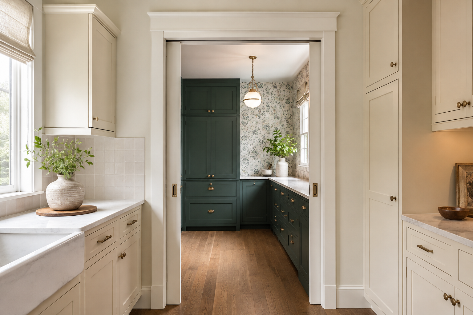 A green butler's pantry is visible through a wide pocket-door opening from a complete kitchen with an unobstructed route between rooms.