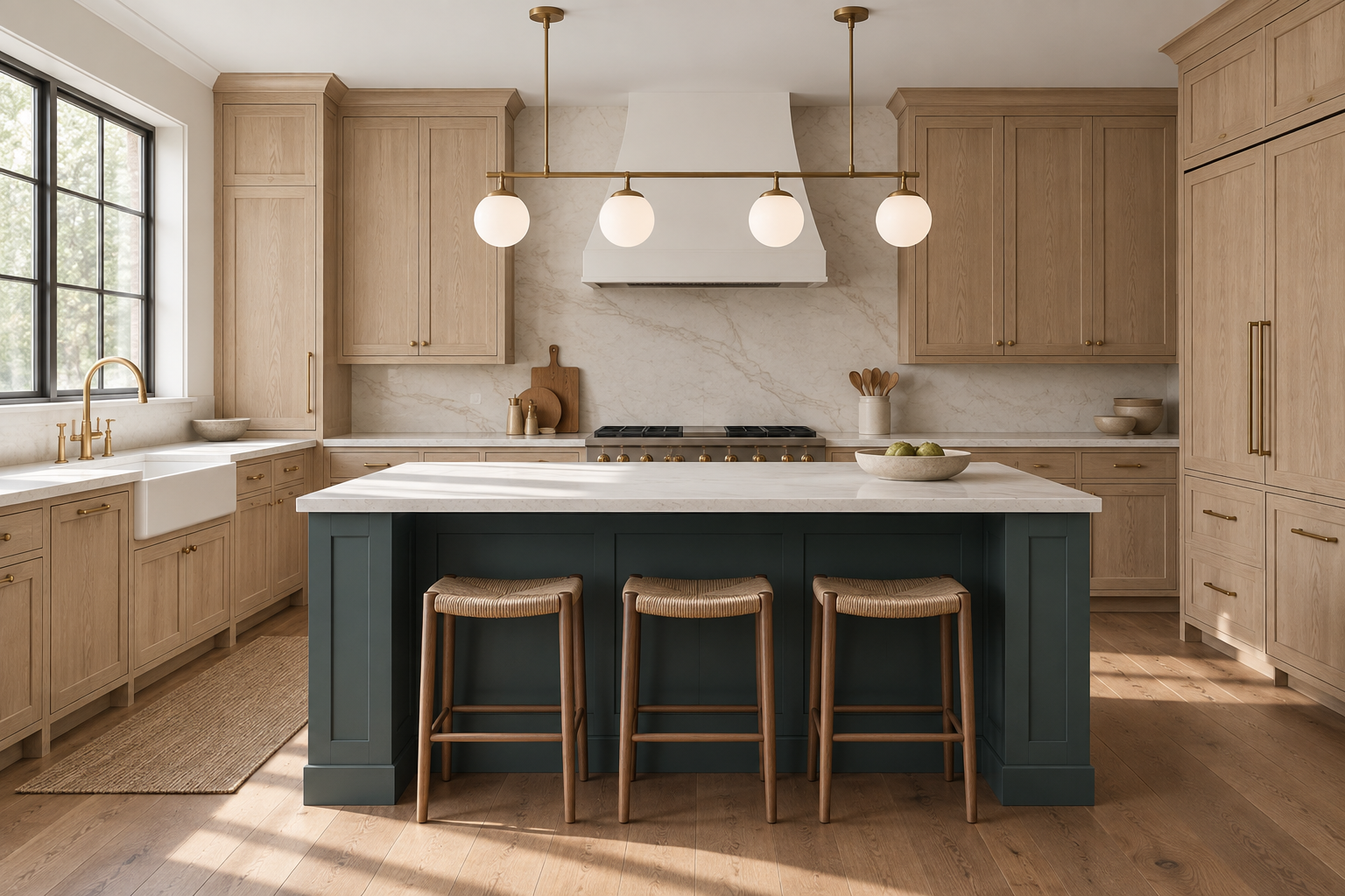 White-oak kitchen with a deep teal island and one long brass pendant carrying four opal globes from two ceiling stems.